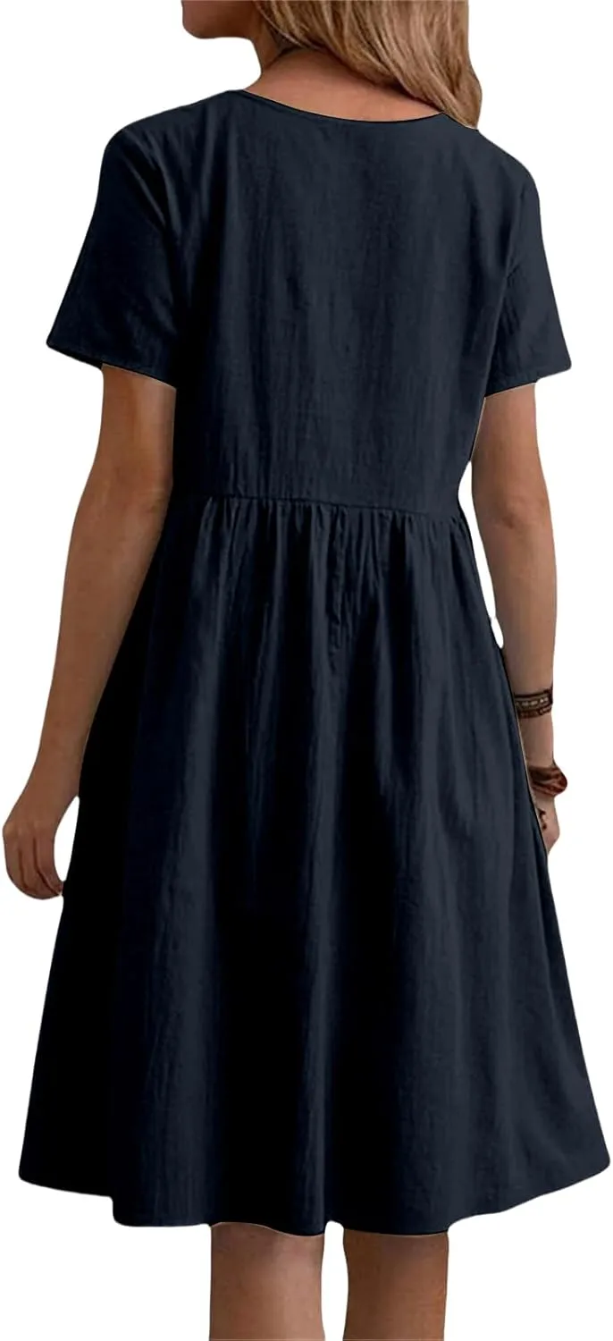 Summer Dresses for Women Cotton Linen Midi Dress Casual Short Sleeve T Shirt Dress Flowy Beach Sundress with Pockets