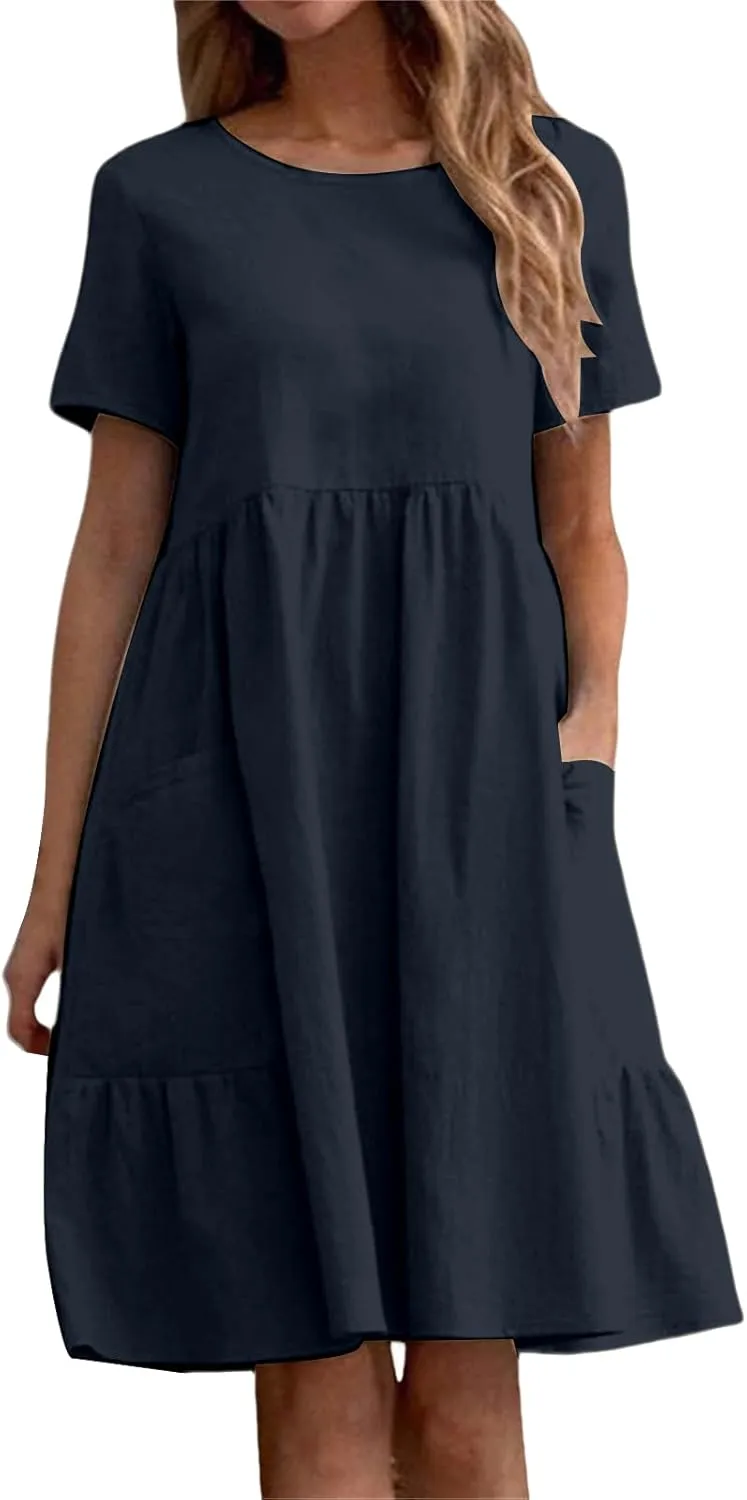 Summer Dresses for Women Cotton Linen Midi Dress Casual Short Sleeve T Shirt Dress Flowy Beach Sundress with Pockets