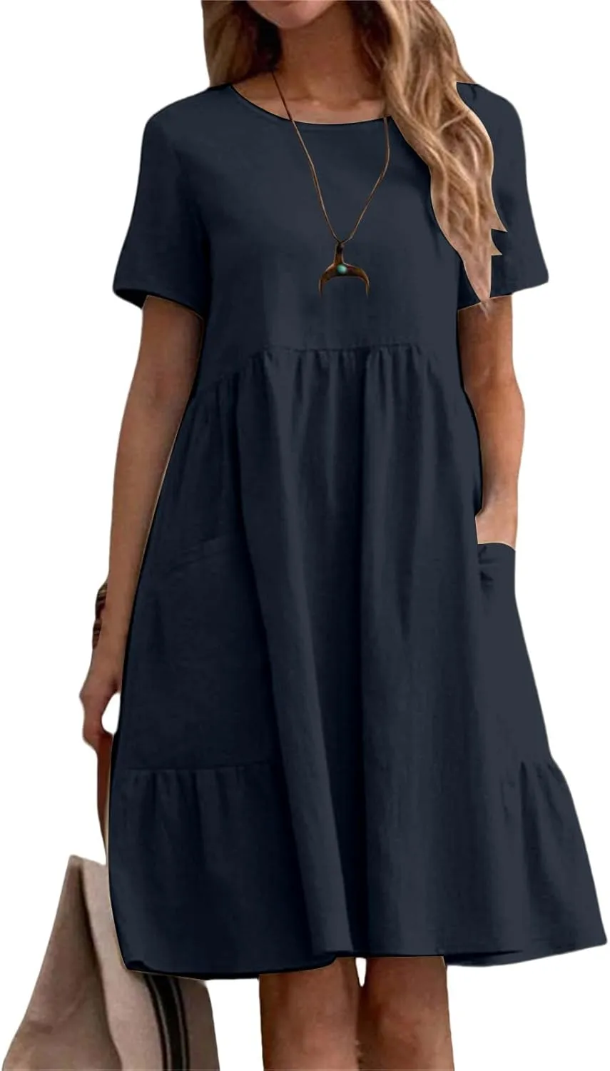 Summer Dresses for Women Cotton Linen Midi Dress Casual Short Sleeve T Shirt Dress Flowy Beach Sundress with Pockets