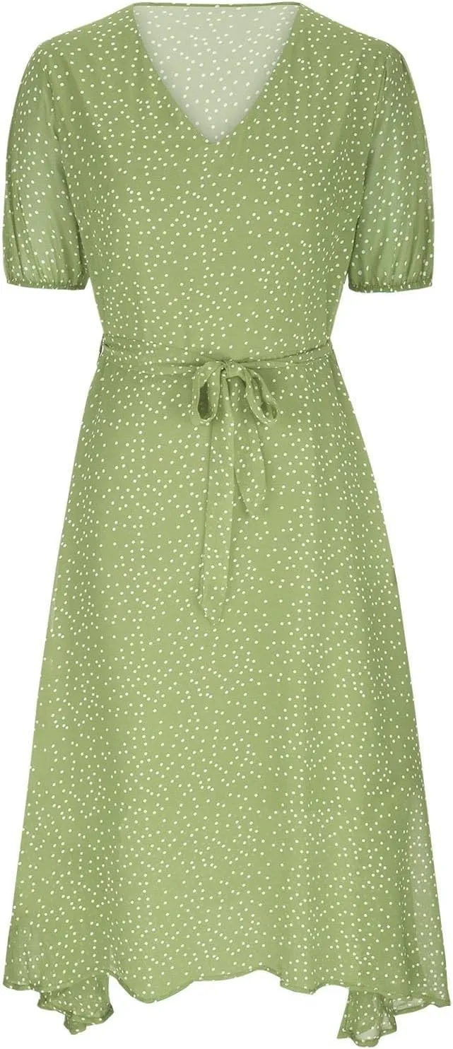 Summer Dresses for Women Floral Boho Dress Beach Casual Mid Length Dress Short Sleeve Flowy Elegant Midi Dresses