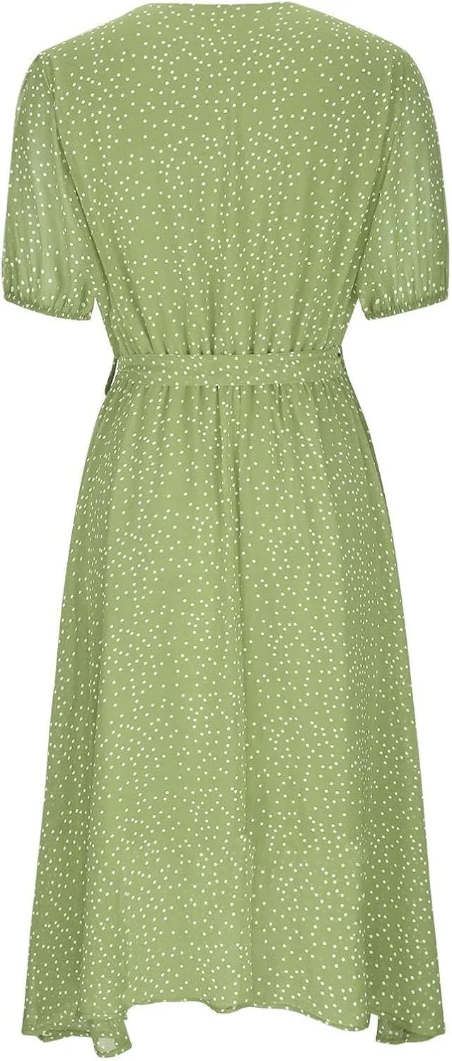 Summer Dresses for Women Floral Boho Dress Beach Casual Mid Length Dress Short Sleeve Flowy Elegant Midi Dresses
