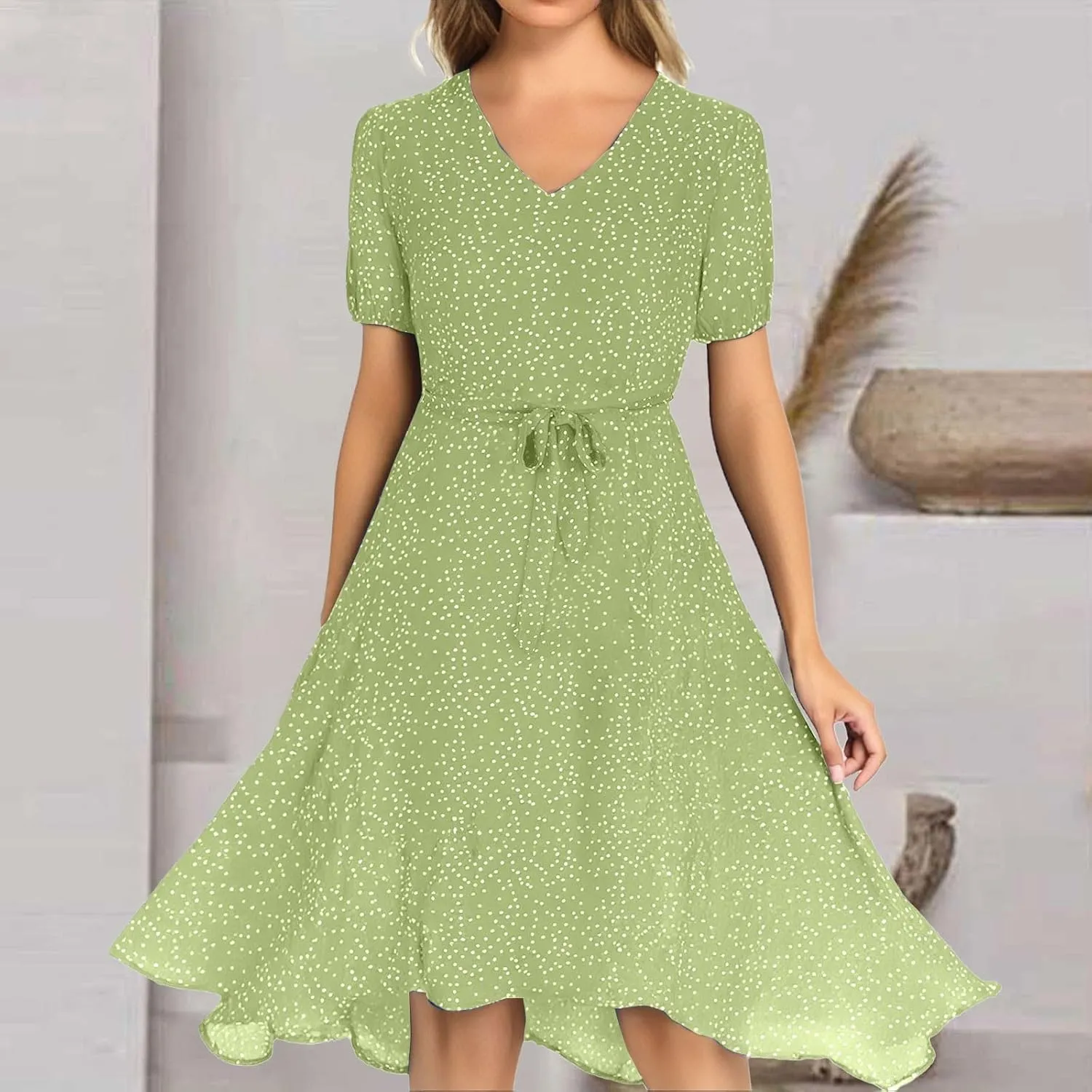 Summer Dresses for Women Floral Boho Dress Beach Casual Mid Length Dress Short Sleeve Flowy Elegant Midi Dresses