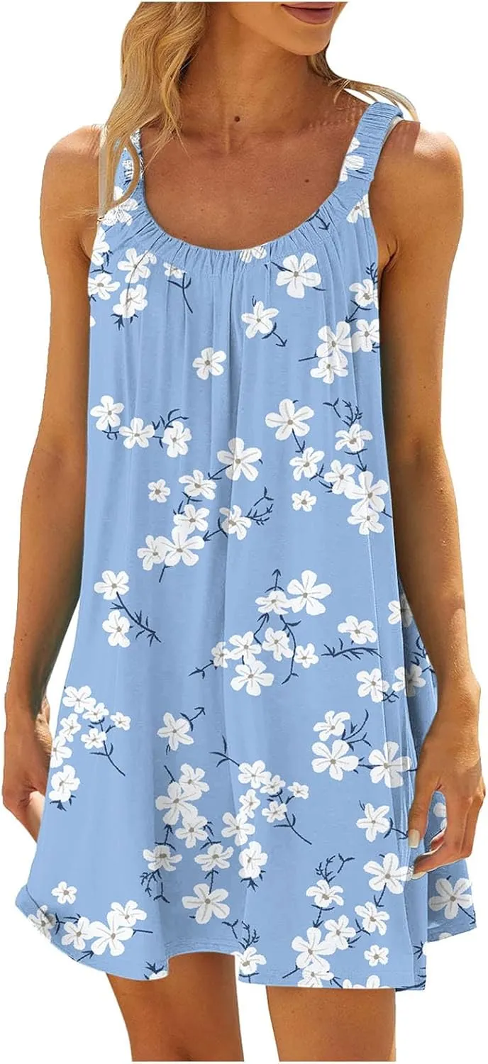 Summer Mini Dress for Women Beach Vacation Floral Dress Boho Flowy Sundress Sleeveless Hawaiian Cruise Dress