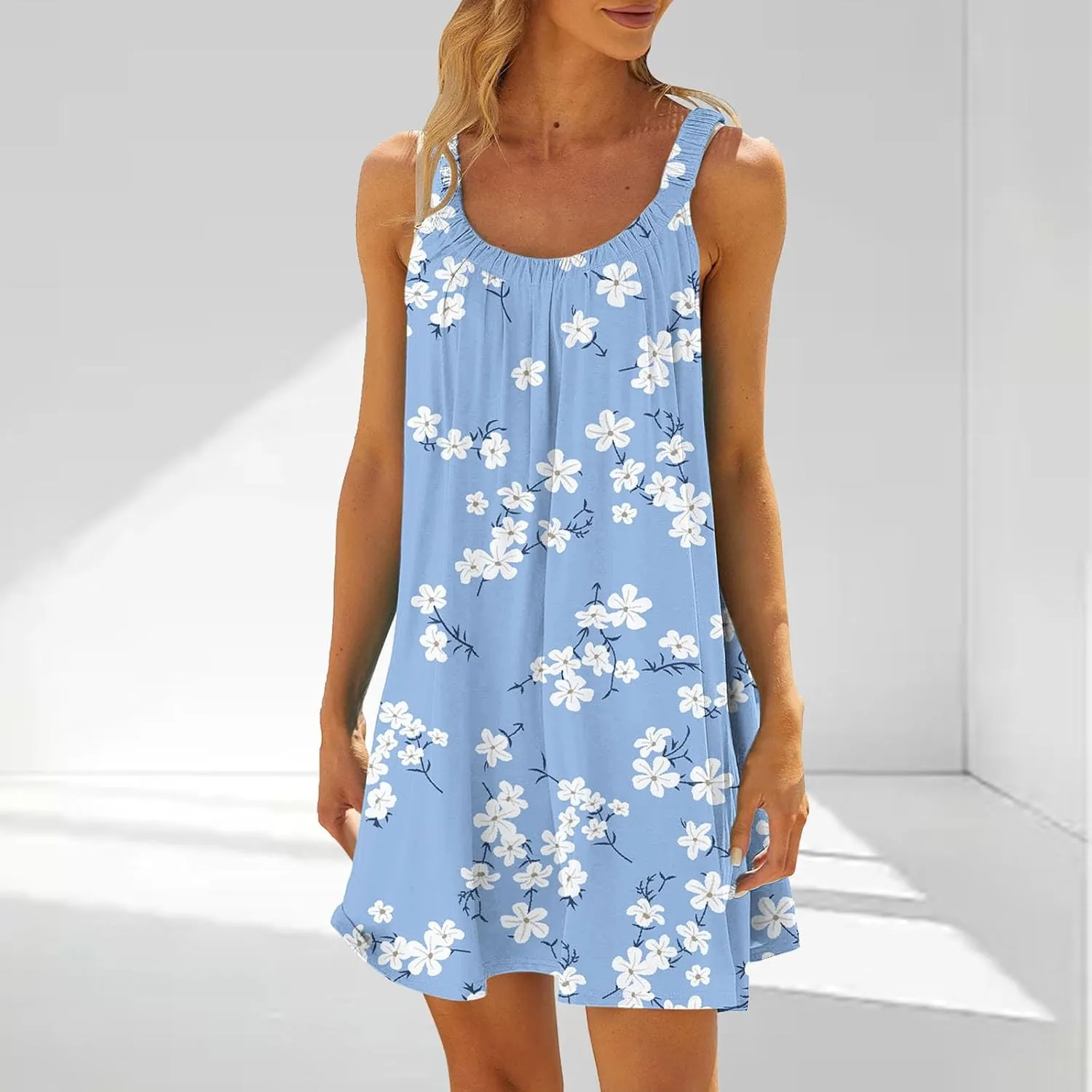 Summer Mini Dress for Women Beach Vacation Floral Dress Boho Flowy Sundress Sleeveless Hawaiian Cruise Dress
