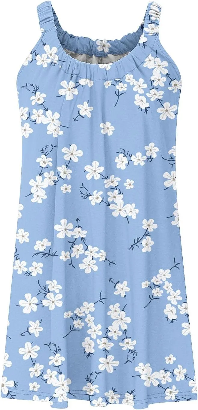 Summer Mini Dress for Women Beach Vacation Floral Dress Boho Flowy Sundress Sleeveless Hawaiian Cruise Dress