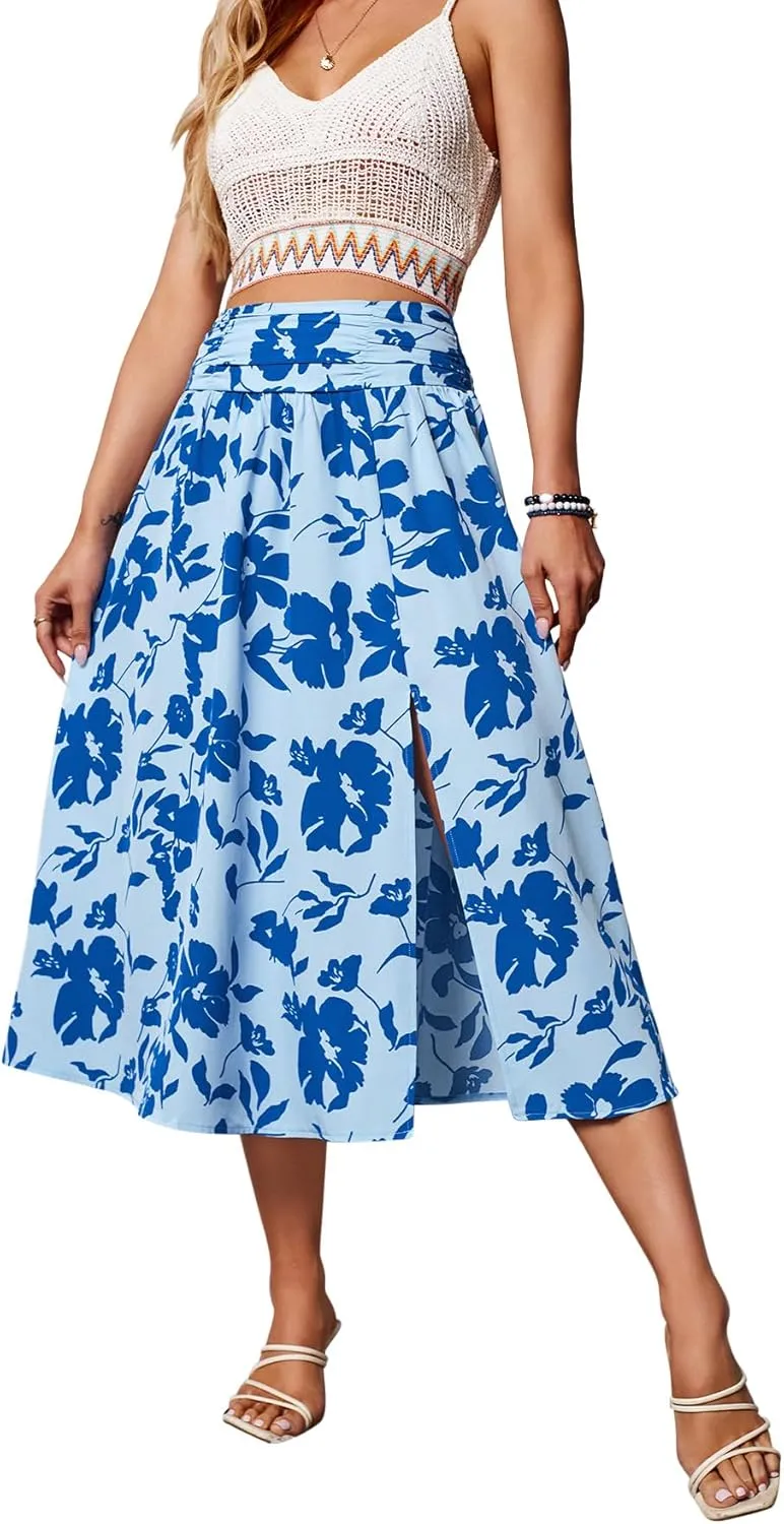 THLAI Womens Skirt Floral Midi Skirt Elastic Waist A-Line Skirt Boho Side Slit Long Skirt Spring Summer Fall Skirt