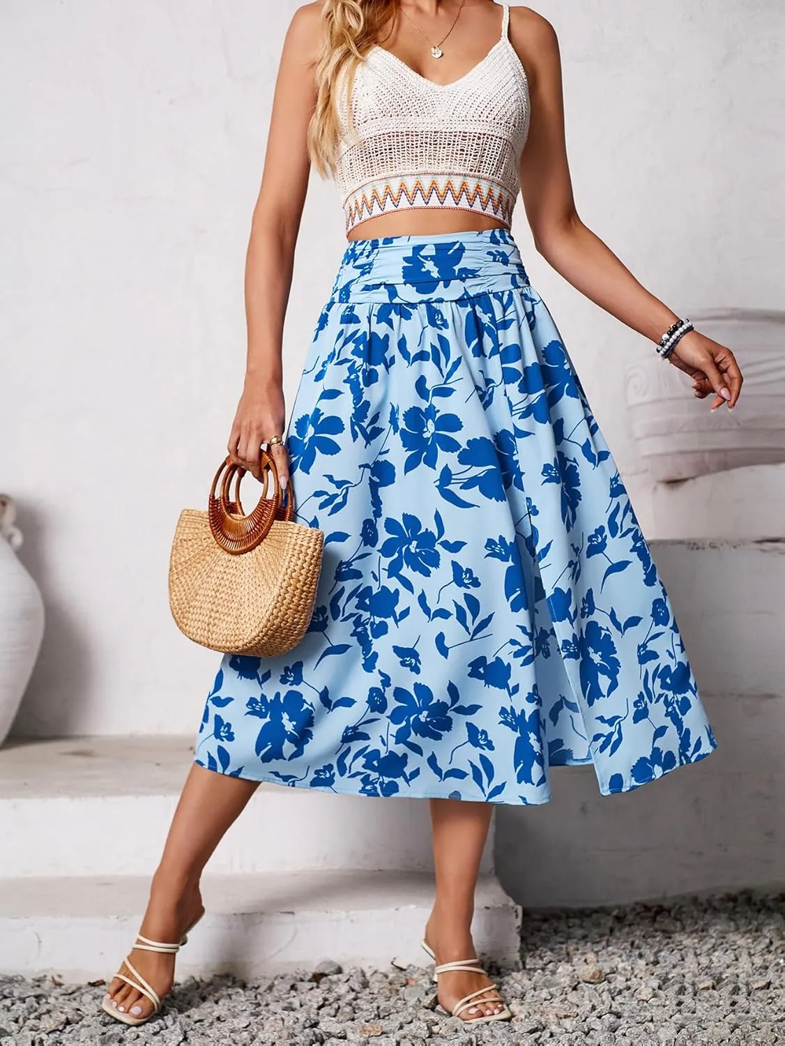 THLAI Womens Skirt Floral Midi Skirt Elastic Waist A-Line Skirt Boho Side Slit Long Skirt Spring Summer Fall Skirt