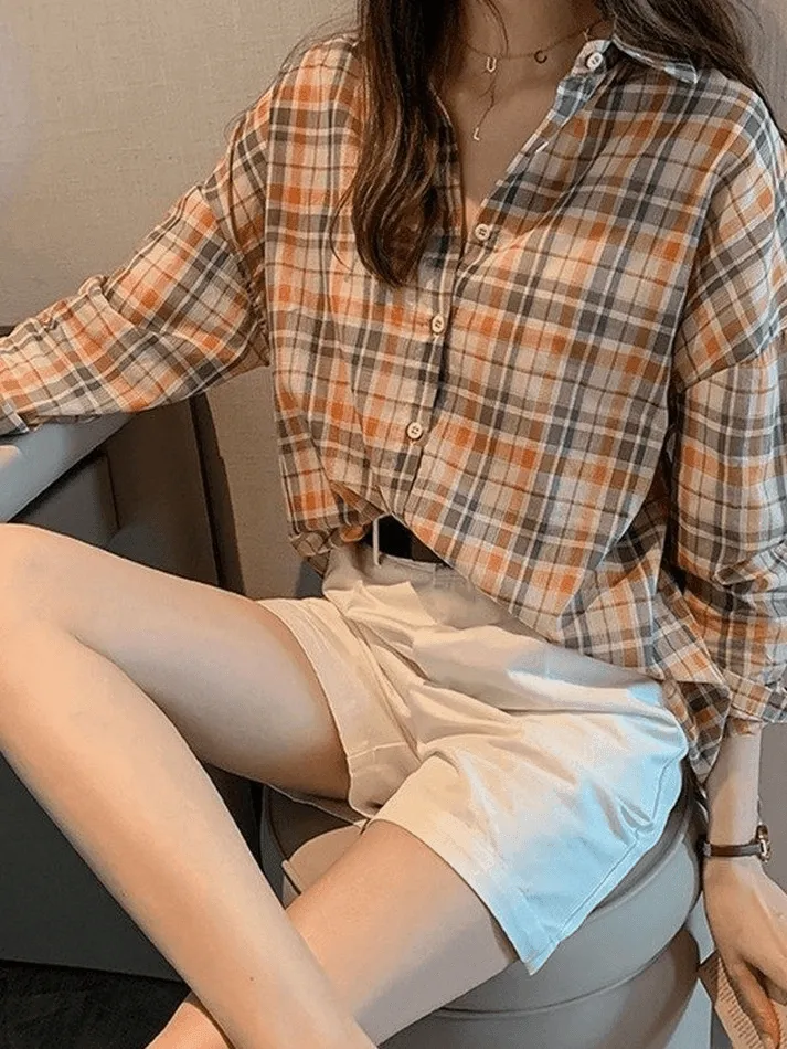 Vintage Checkered Long Sleeve Button Blouse