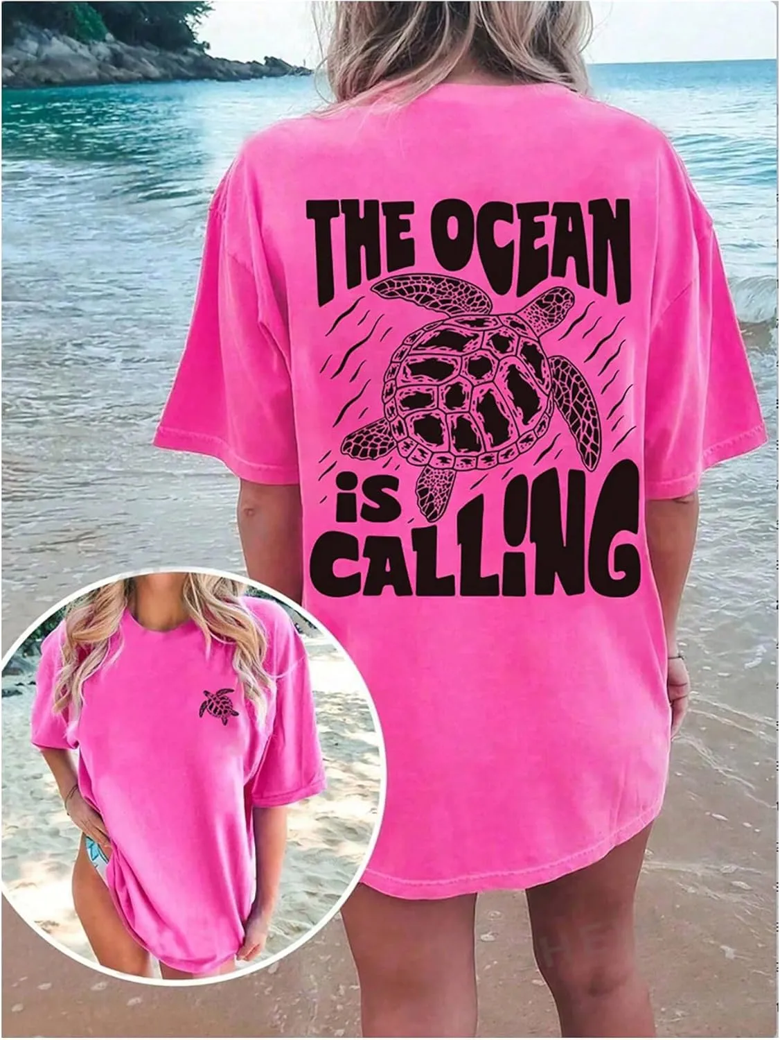 WDIRARA Women's Sea Turtle Print Letter Graphic T Shirt Oversized Crewneck Short Sleeve Tee Tops