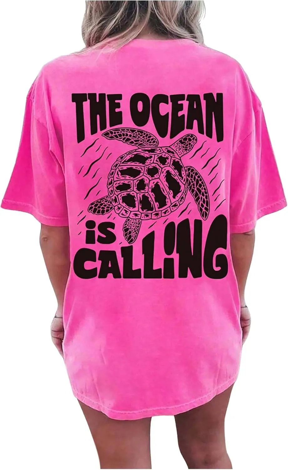 WDIRARA Women's Sea Turtle Print Letter Graphic T Shirt Oversized Crewneck Short Sleeve Tee Tops