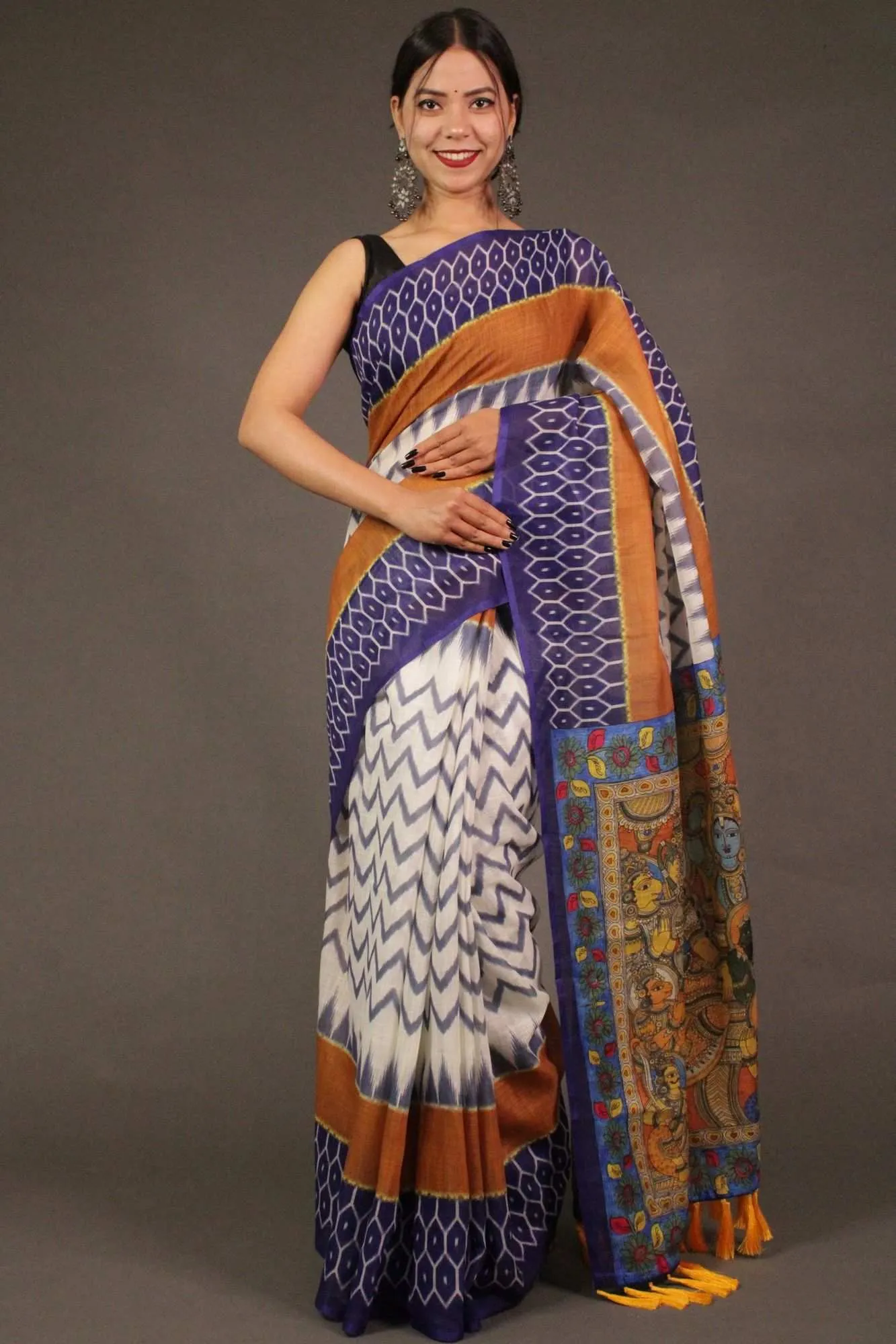 White and Blue Linen Blend Printed Ikat Wrap in 1 minute saree with madhubani pallu & tassels
