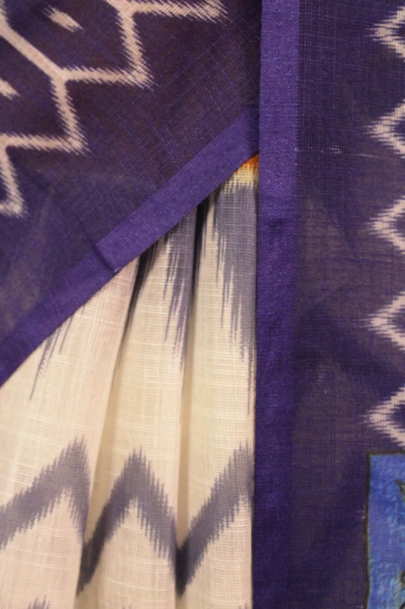 White and Blue Linen Blend Printed Ikat Wrap in 1 minute saree with madhubani pallu & tassels