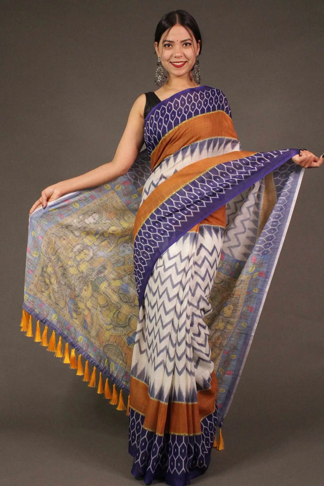 White and Blue Linen Blend Printed Ikat Wrap in 1 minute saree with madhubani pallu & tassels