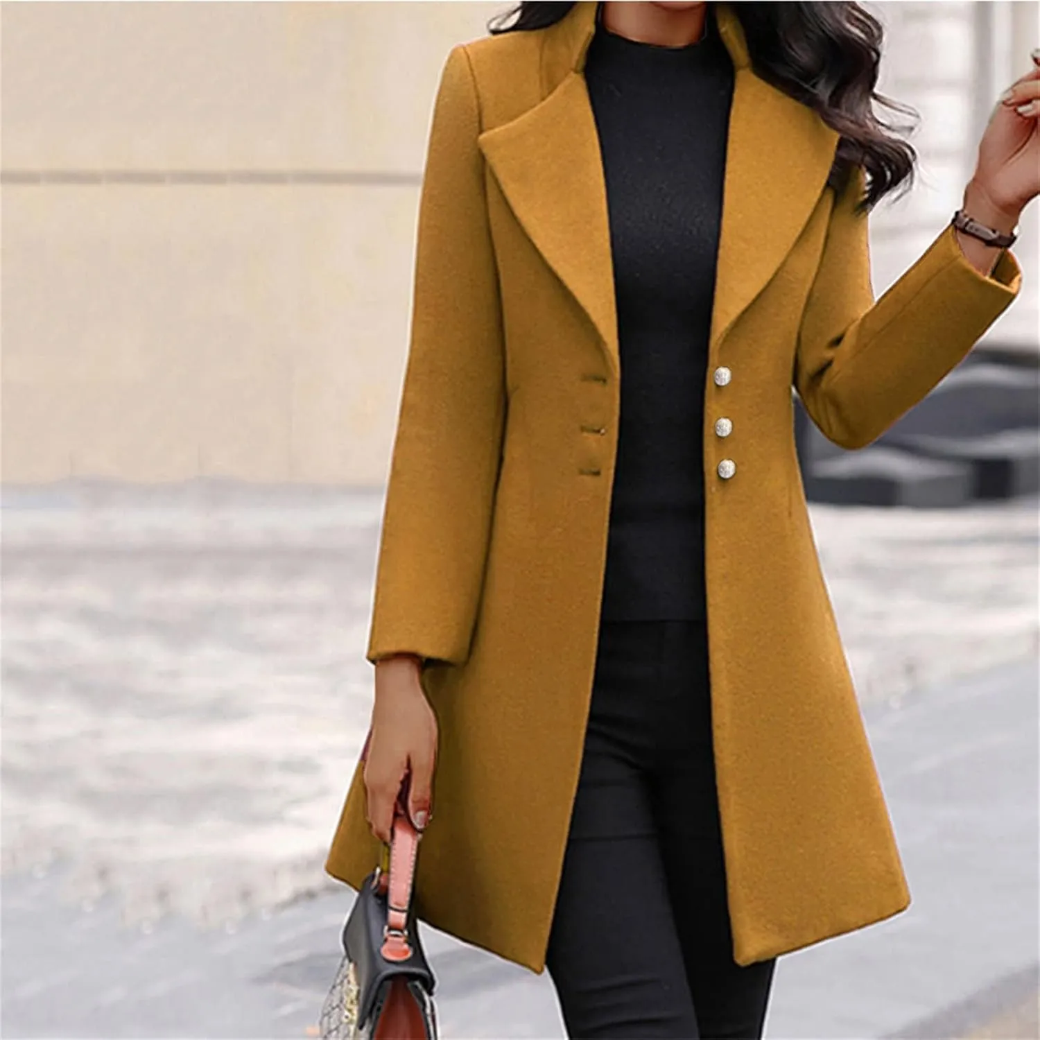 Women Elegant Notched Collar Breasted Wool Blend Over Coat Casual Cropped Blazer Jacket Open Front Cotton Cardigan