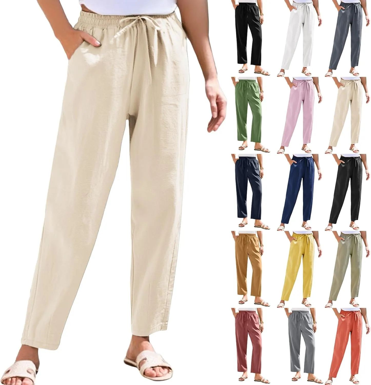 Women Linen Pants Summer Drawstring High Waisted Cropped Straight Leg Pants Casual Ankle Beach Trousers with Pockets