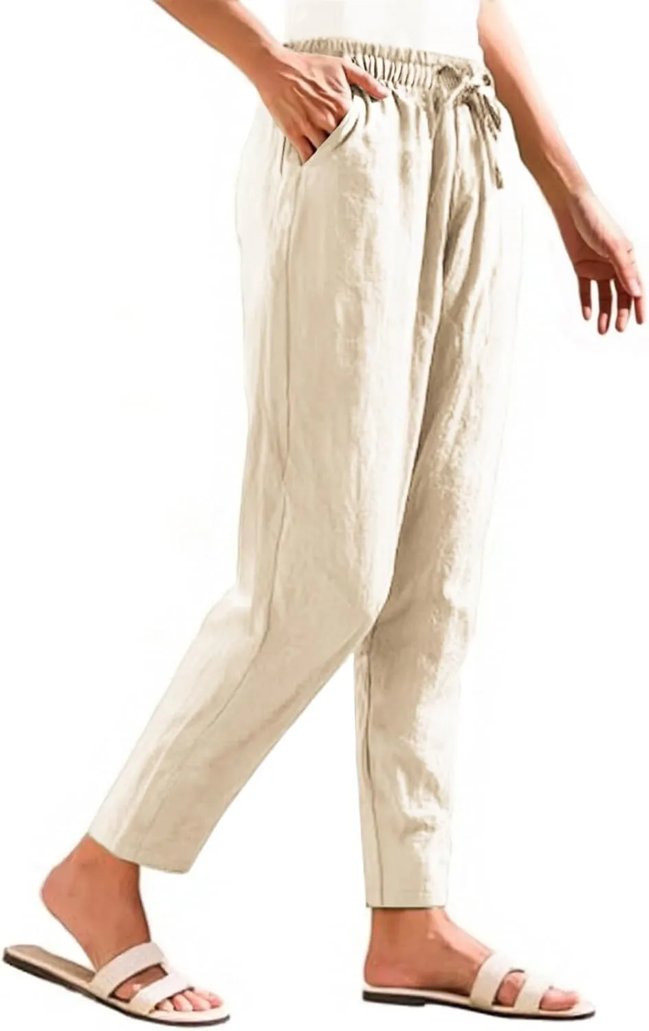 Women Linen Pants Summer Drawstring High Waisted Cropped Straight Leg Pants Casual Ankle Beach Trousers with Pockets
