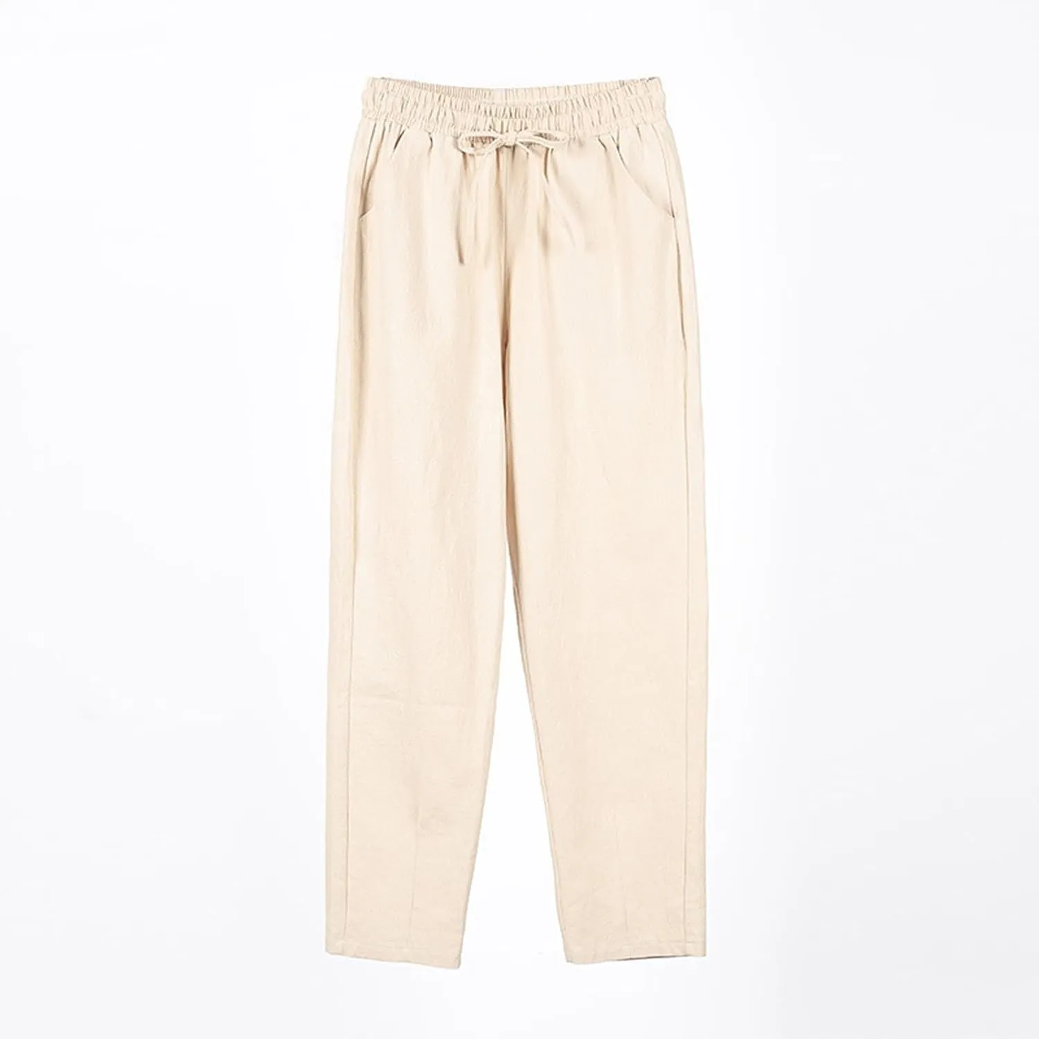 Women Linen Pants Summer Drawstring High Waisted Cropped Straight Leg Pants Casual Ankle Beach Trousers with Pockets