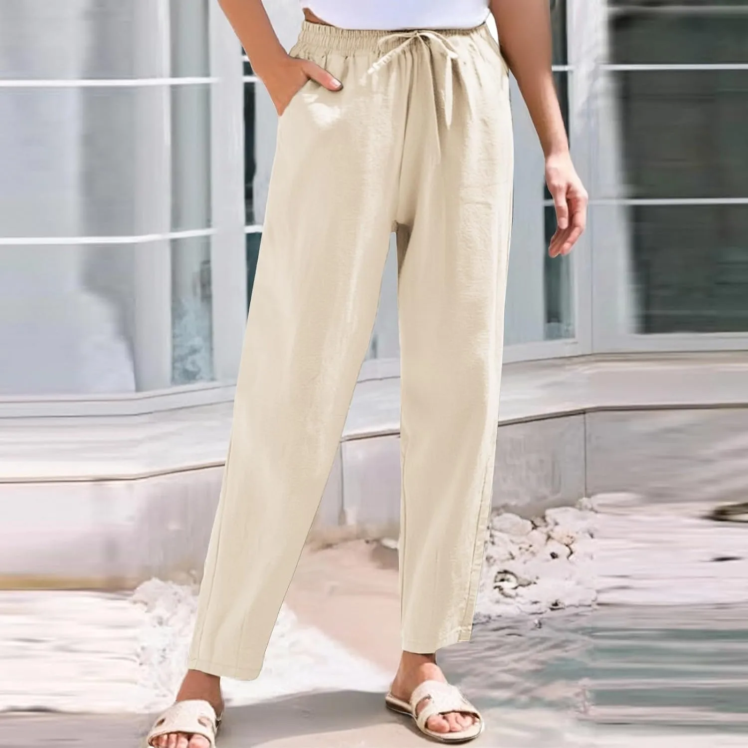 Women Linen Pants Summer Drawstring High Waisted Cropped Straight Leg Pants Casual Ankle Beach Trousers with Pockets