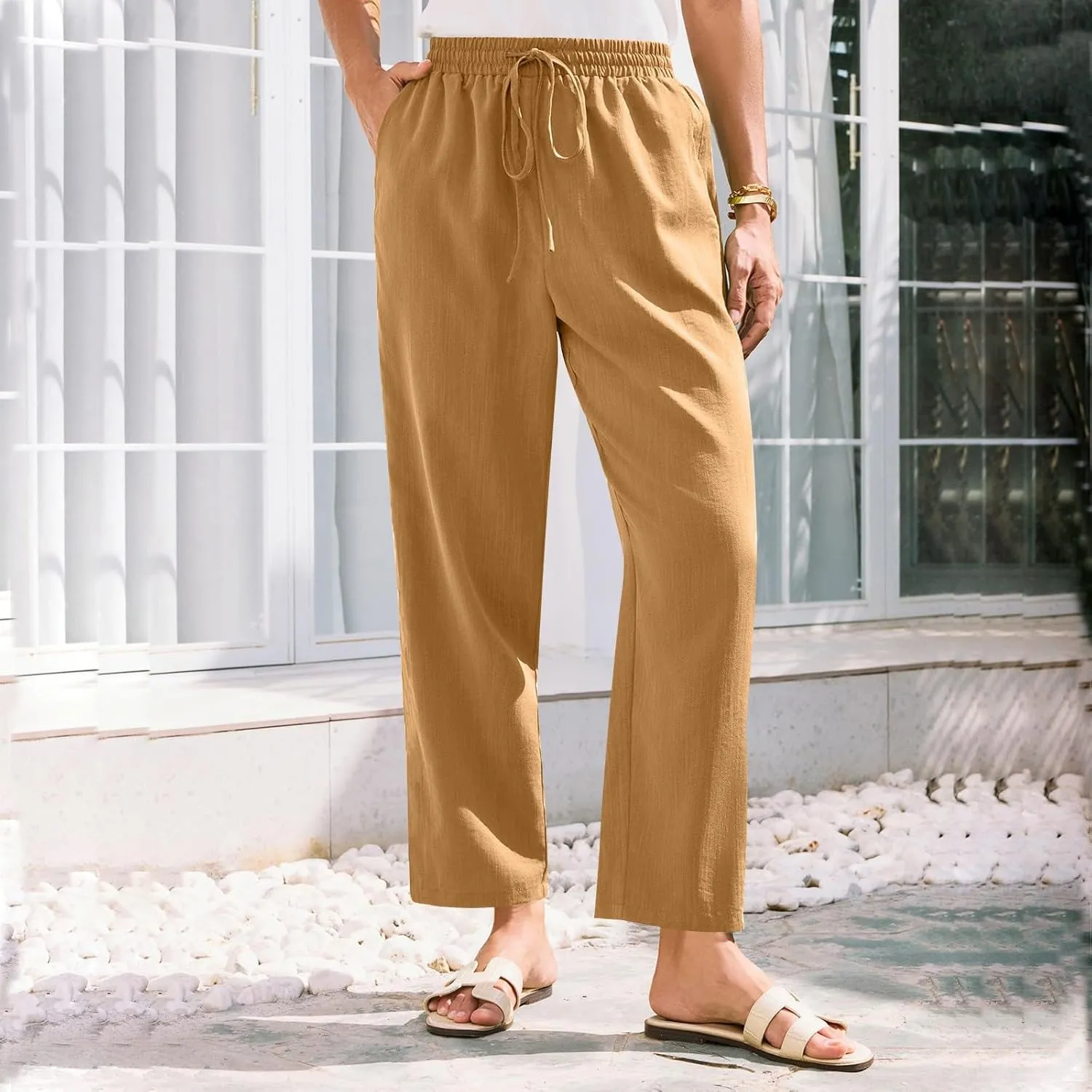 Women Linen Pants Summer Drawstring High Waisted Cropped Straight Leg Pants Casual Ankle Beach Trousers with Pockets