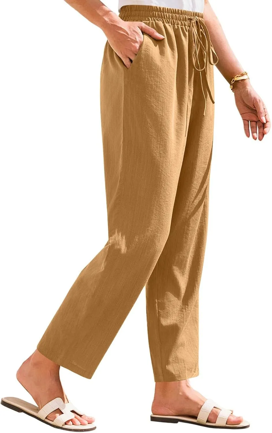 Women Linen Pants Summer Drawstring High Waisted Cropped Straight Leg Pants Casual Ankle Beach Trousers with Pockets