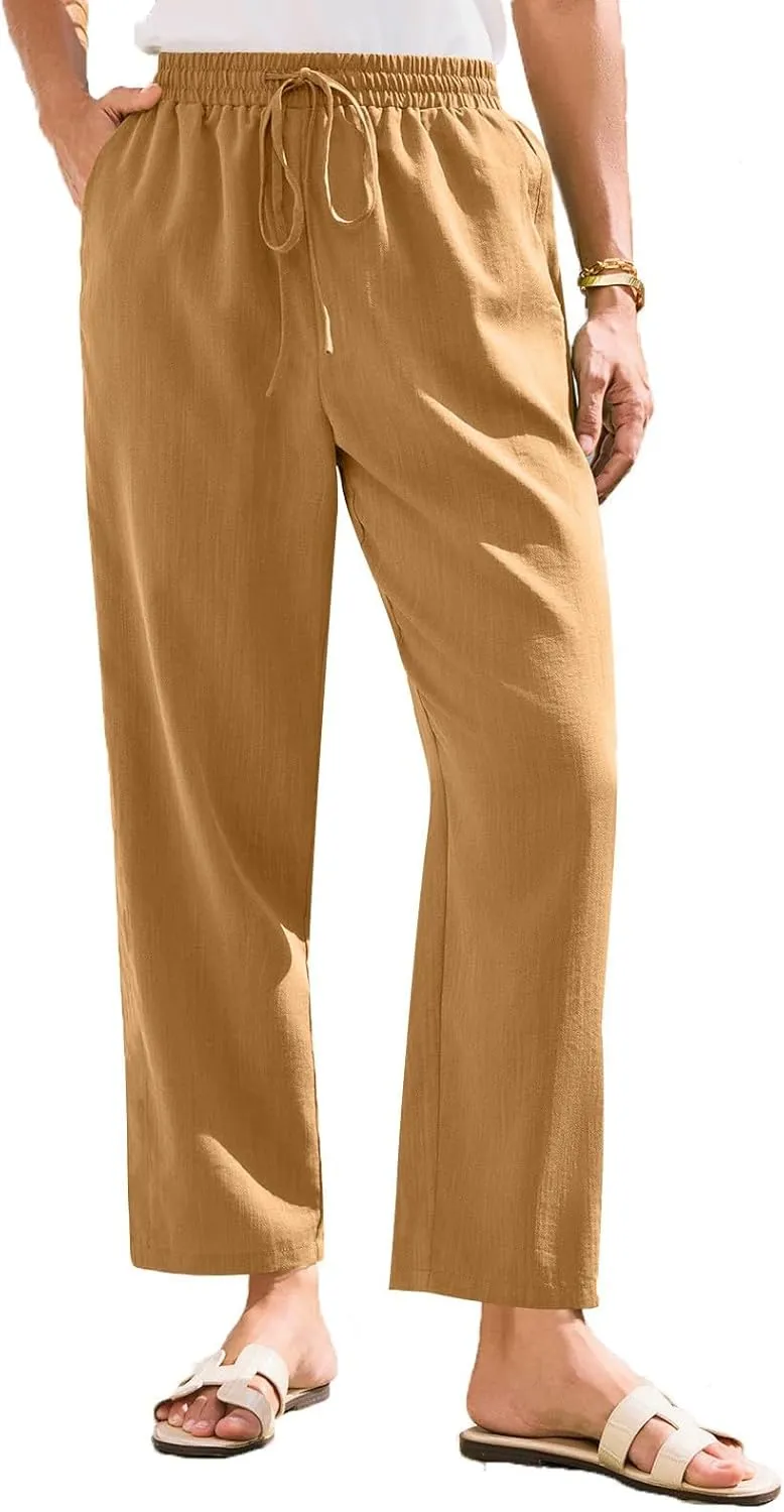 Women Linen Pants Summer Drawstring High Waisted Cropped Straight Leg Pants Casual Ankle Beach Trousers with Pockets