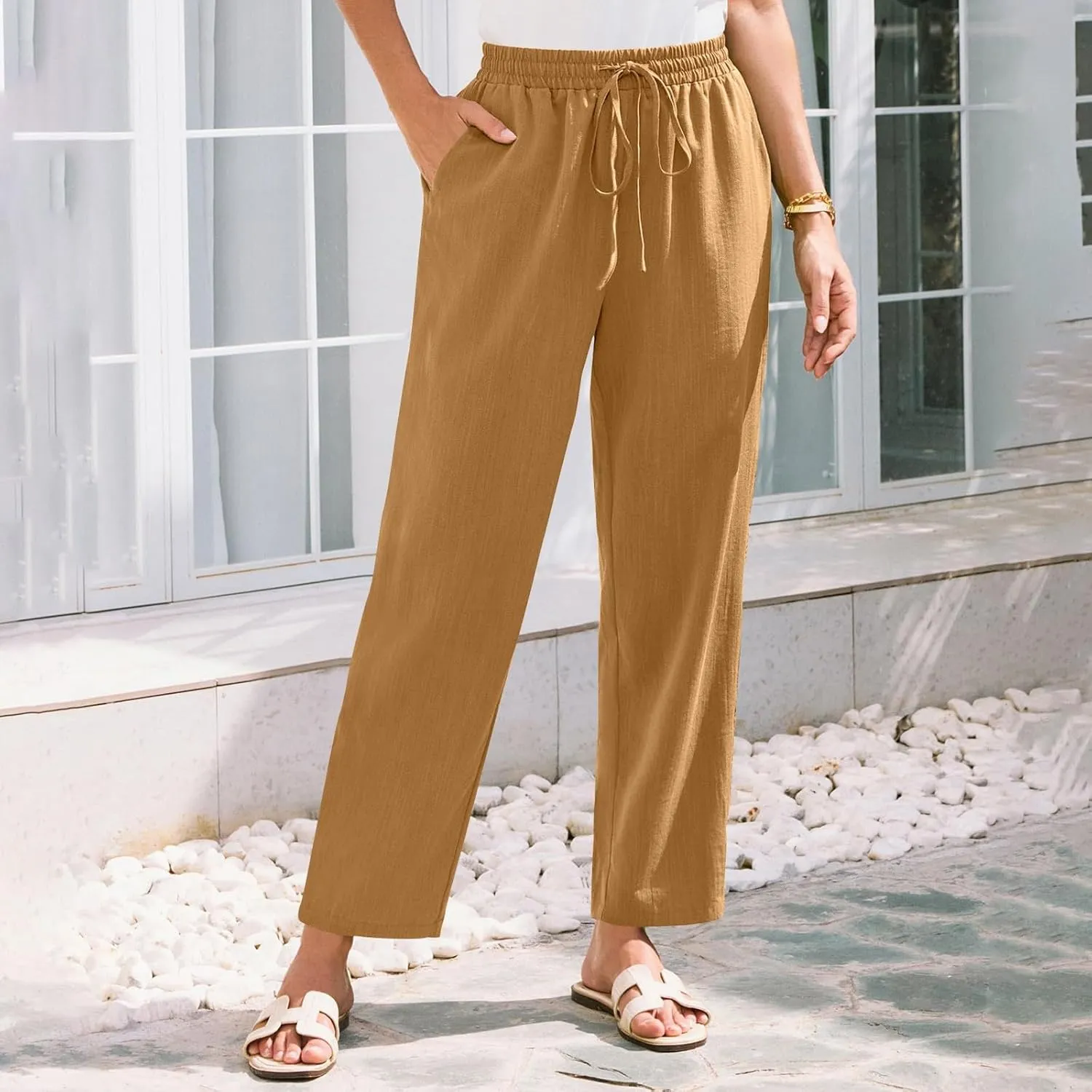 Women Linen Pants Summer Drawstring High Waisted Cropped Straight Leg Pants Casual Ankle Beach Trousers with Pockets