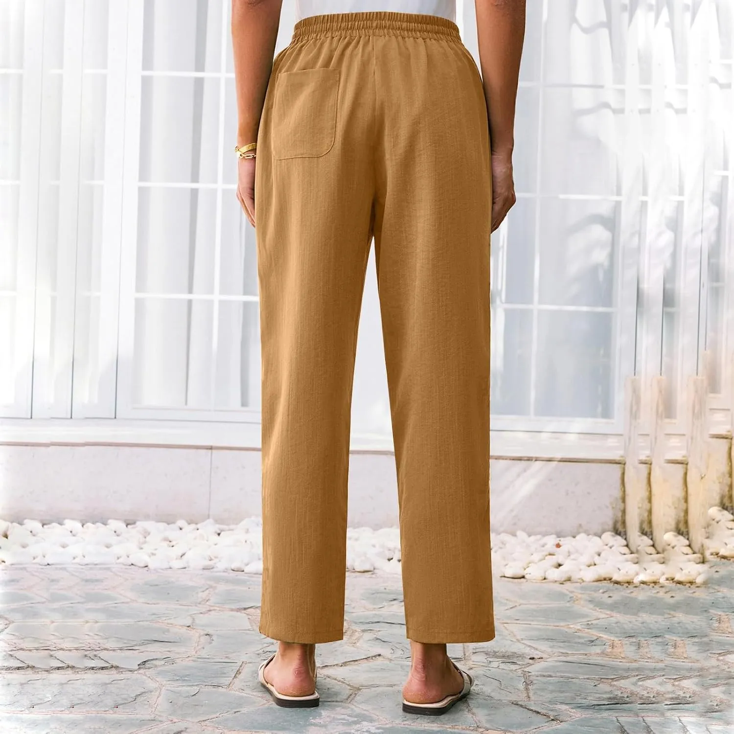 Women Linen Pants Summer Drawstring High Waisted Cropped Straight Leg Pants Casual Ankle Beach Trousers with Pockets