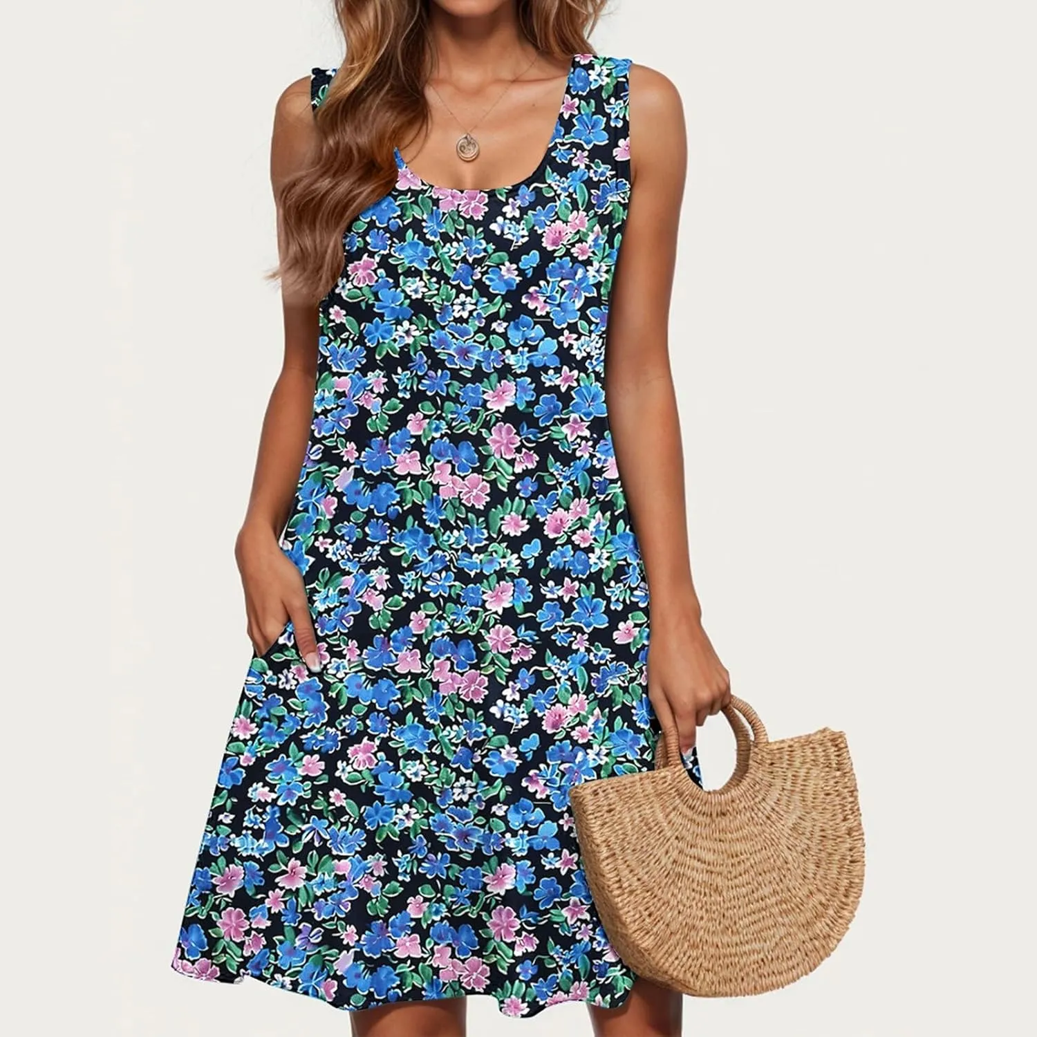 Women Sleeveless Loose Beach Dress Boho Floral Print Sundresses Vintage Casual Trendy Tank Dress