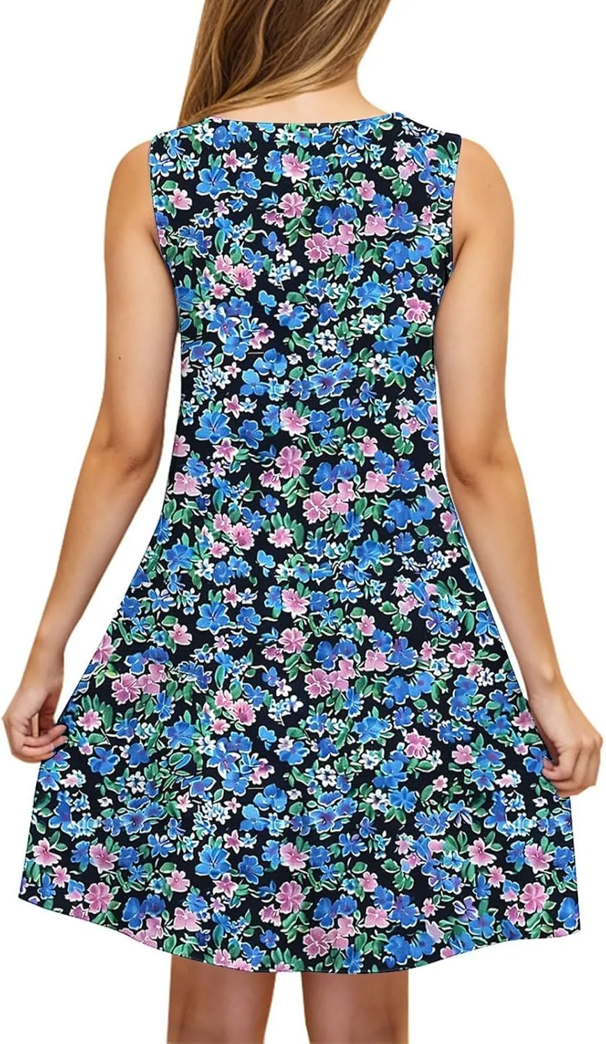 Women Sleeveless Loose Beach Dress Boho Floral Print Sundresses Vintage Casual Trendy Tank Dress