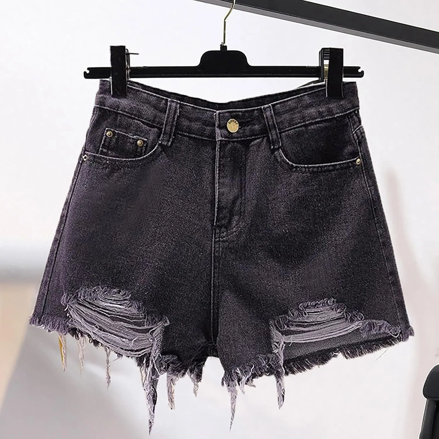 Women Summer Casual High Waisted Jean Shorts Stretchy Denim Raw Hem Distressed Ripped Shorts