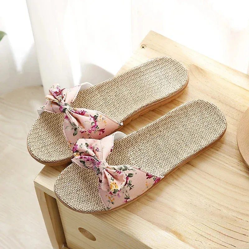 Women Summer Casual Slides Comfortable Flax Slippers Striped Bow Linen Flip Flops Platform Sandals Ladies Indoor Shoes