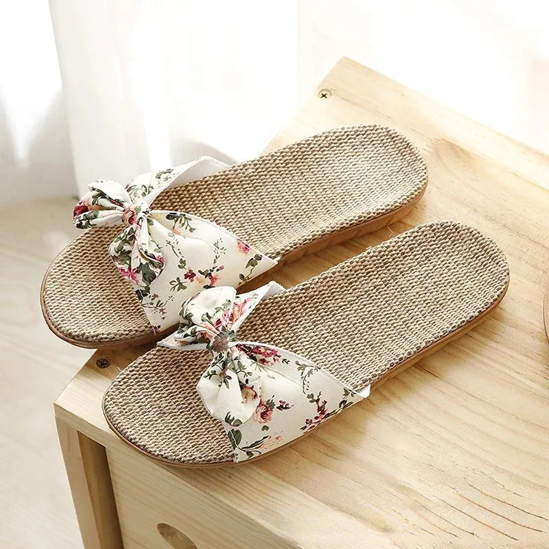 Women Summer Casual Slides Comfortable Flax Slippers Striped Bow Linen Flip Flops Platform Sandals Ladies Indoor Shoes