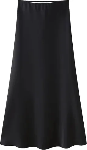 Women Vintage Casual Skirt Solid Silky Satin Straight Elasticwaist Midi Skirt Spring Summer Skirt