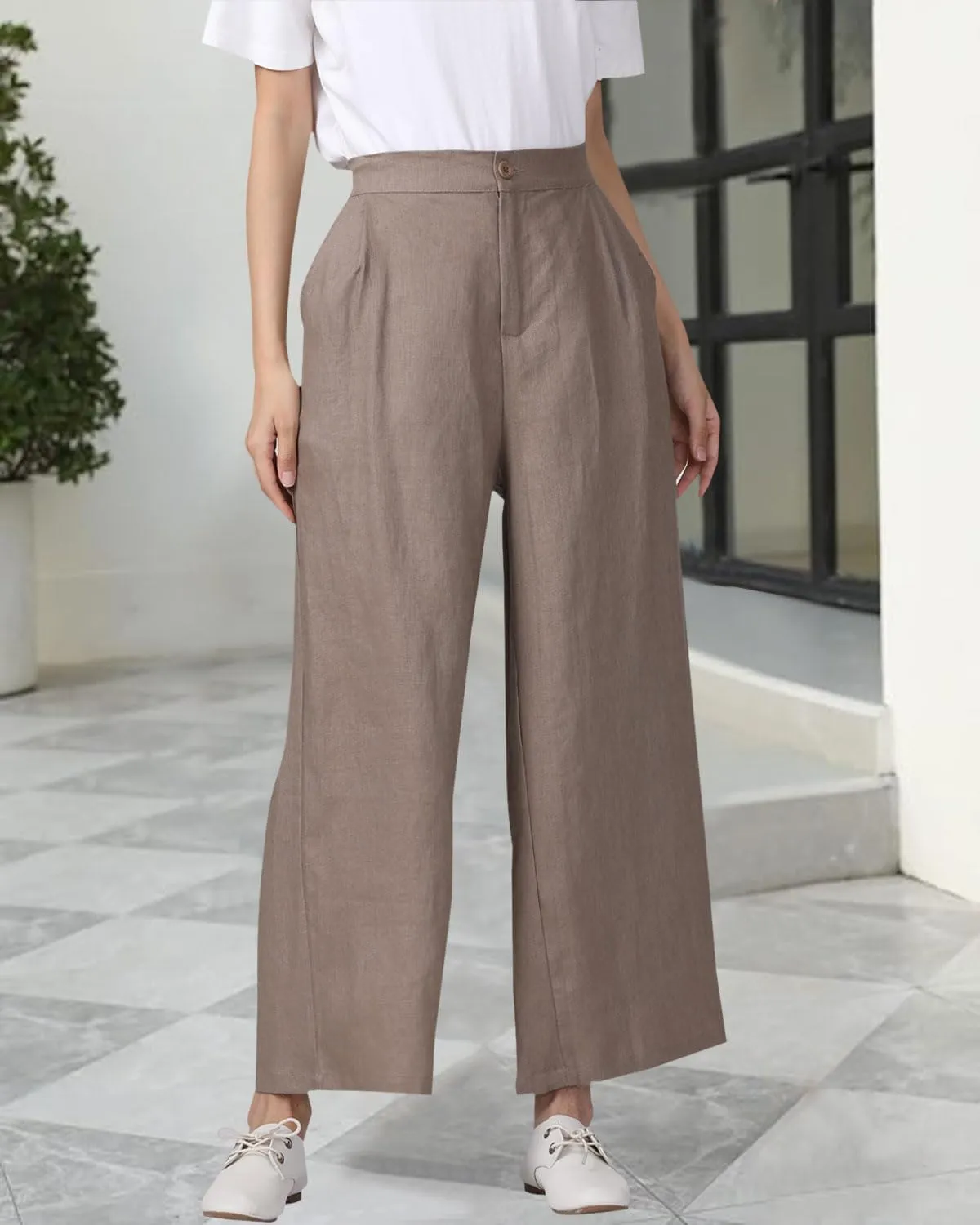 Women's 100% Linen Wide Leg Pants Summer Casual Cropped Palazzo Beach Pants Outfits 2025 Trendy