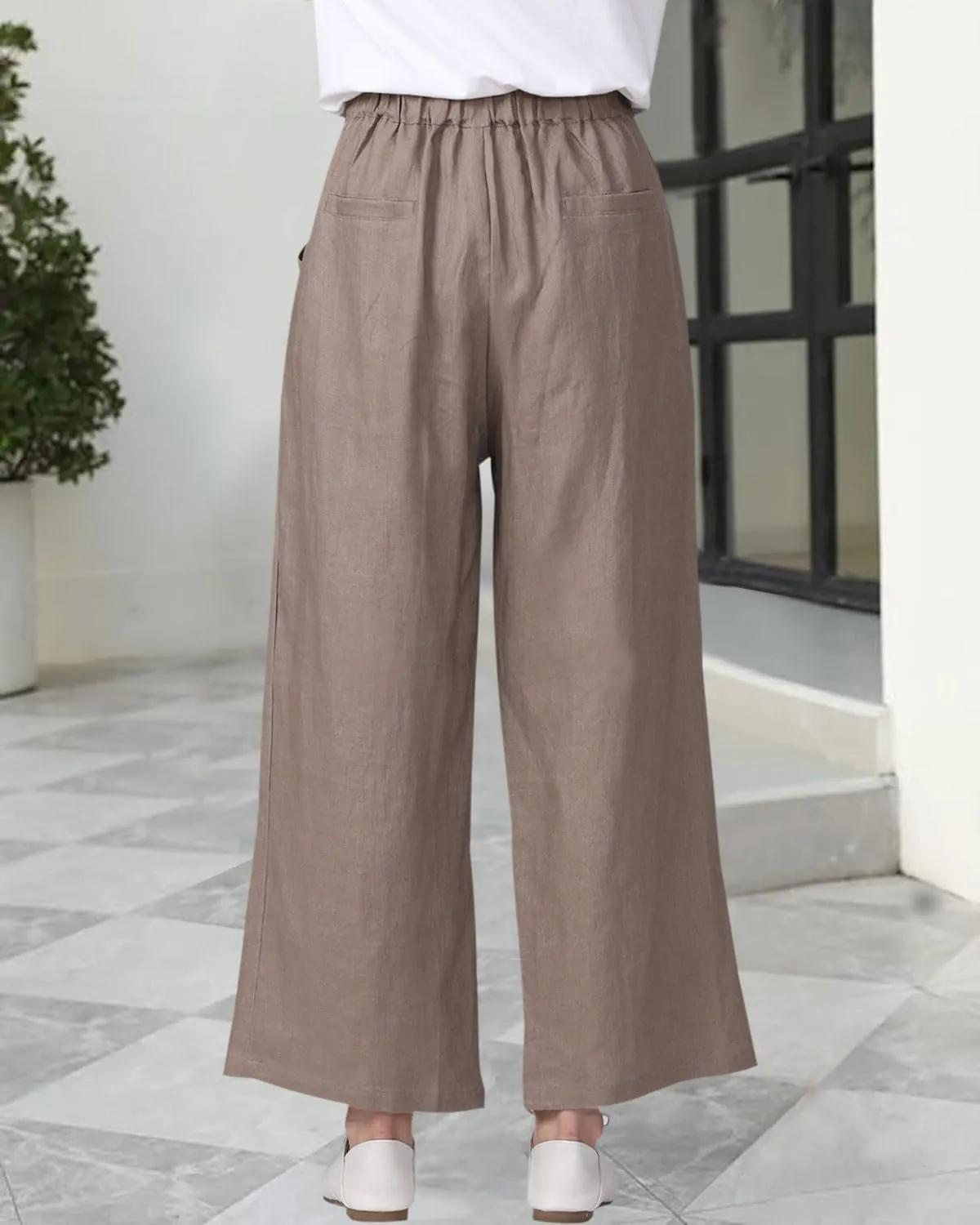 Women's 100% Linen Wide Leg Pants Summer Casual Cropped Palazzo Beach Pants Outfits 2025 Trendy