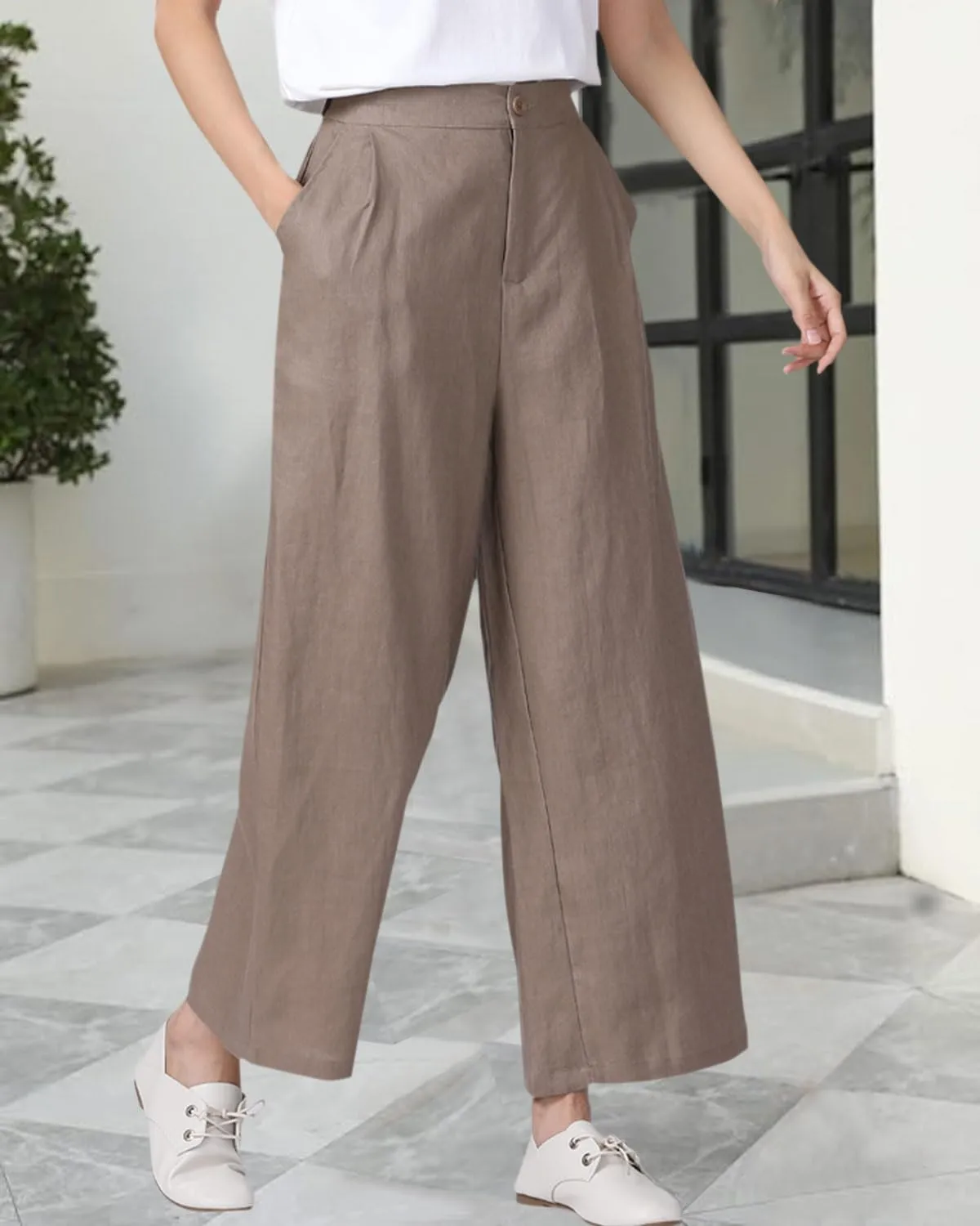 Women's 100% Linen Wide Leg Pants Summer Casual Cropped Palazzo Beach Pants Outfits 2025 Trendy