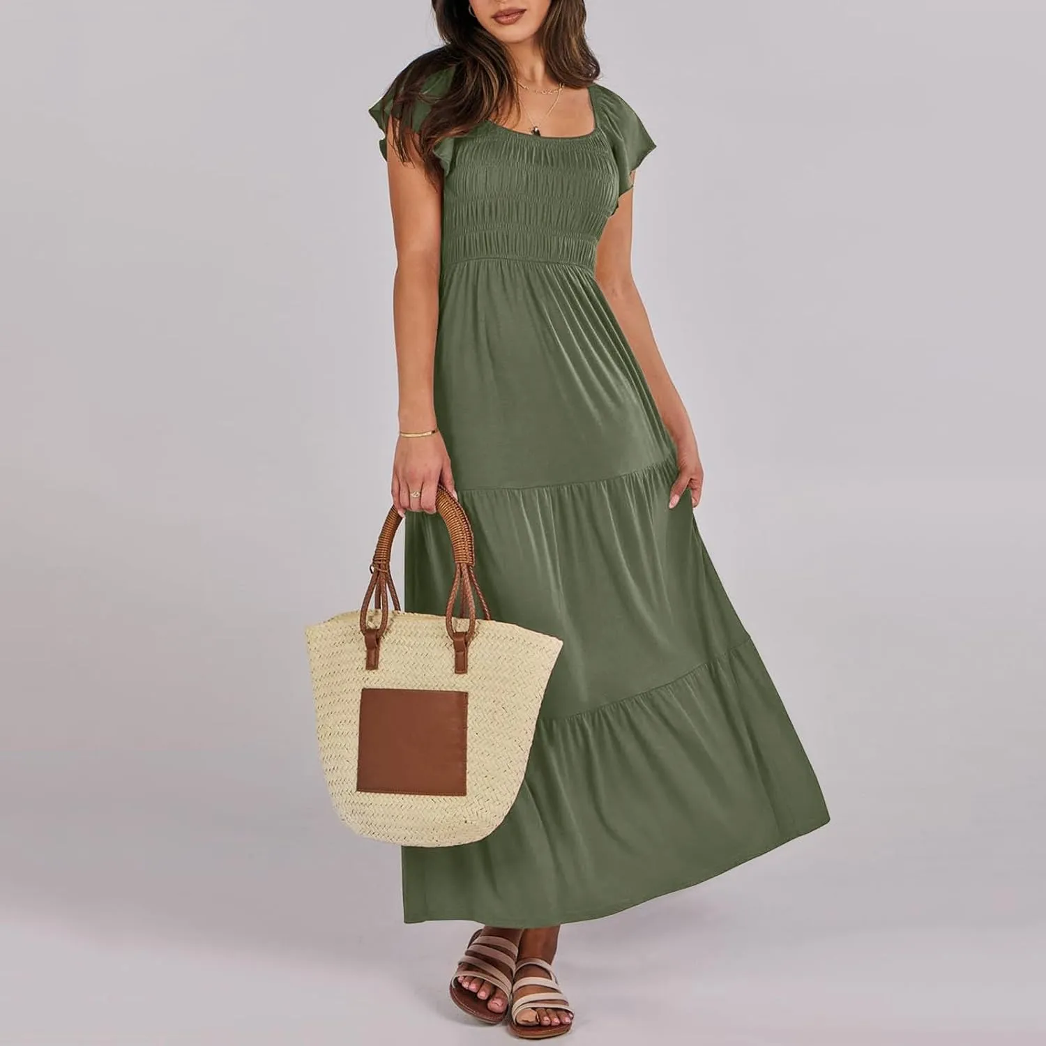 Women's 2025 Summer Casual Dress Square Neck Boho Floral Puff Sleeve A-line Tiered Flowy Midi Short Dresses