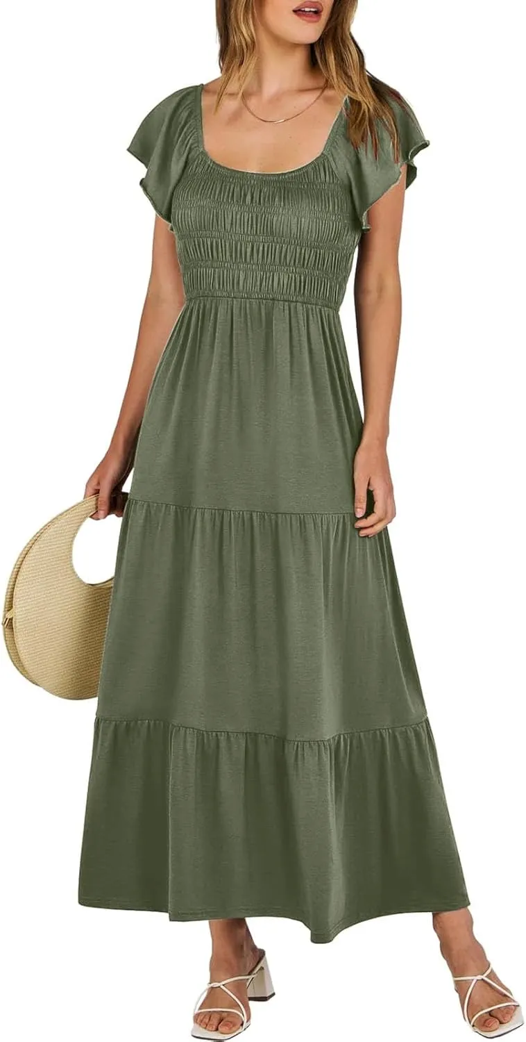 Women's 2025 Summer Casual Dress Square Neck Boho Floral Puff Sleeve A-line Tiered Flowy Midi Short Dresses