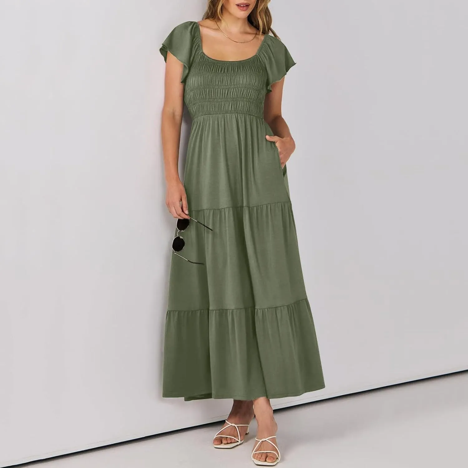 Women's 2025 Summer Casual Dress Square Neck Boho Floral Puff Sleeve A-line Tiered Flowy Midi Short Dresses