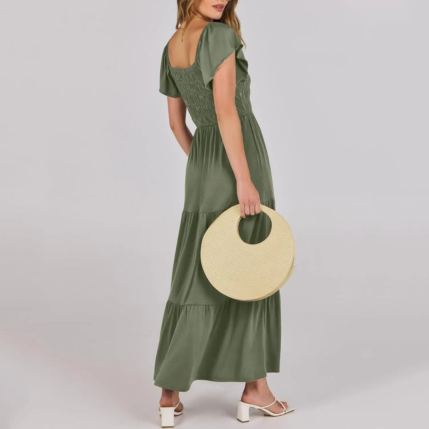 Women's 2025 Summer Casual Dress Square Neck Boho Floral Puff Sleeve A-line Tiered Flowy Midi Short Dresses