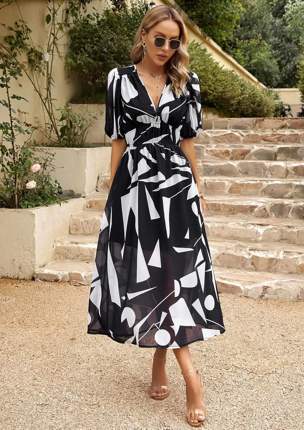 Womens Boho Floral V Neck Maxi Dress Summer Short Sleeve Elastic Waist Casual Flowy Long Dress
