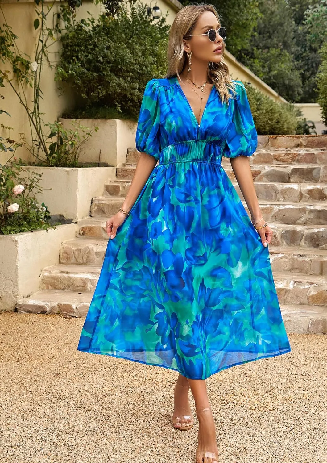 Womens Boho Floral V Neck Maxi Dress Summer Short Sleeve Elastic Waist Casual Flowy Long Dress