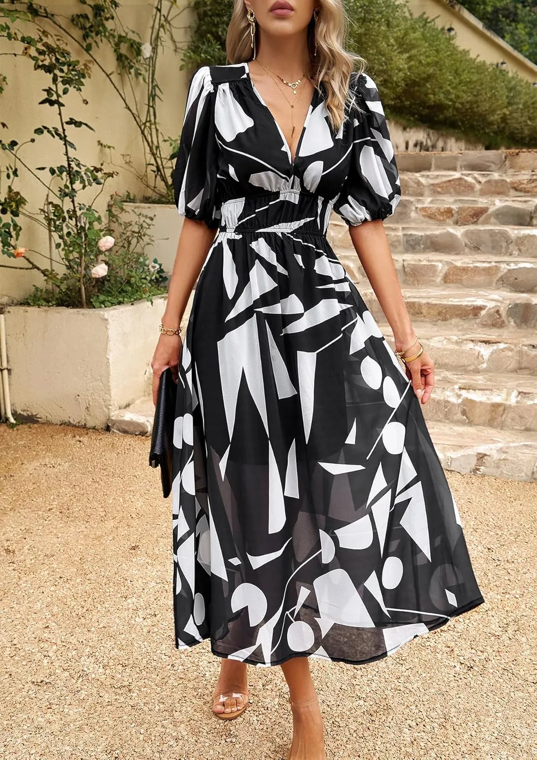 Womens Boho Floral V Neck Maxi Dress Summer Short Sleeve Elastic Waist Casual Flowy Long Dress