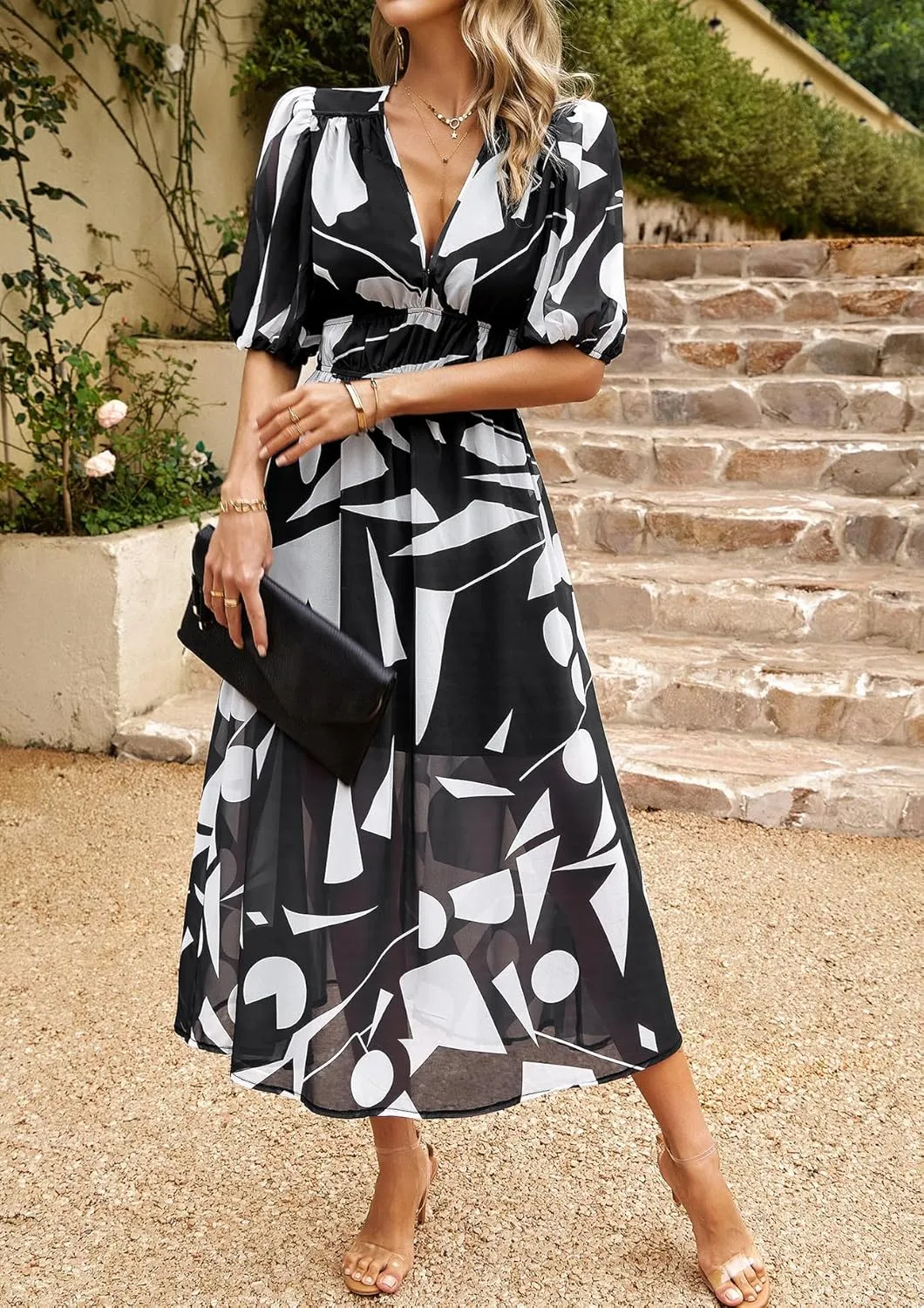 Womens Boho Floral V Neck Maxi Dress Summer Short Sleeve Elastic Waist Casual Flowy Long Dress