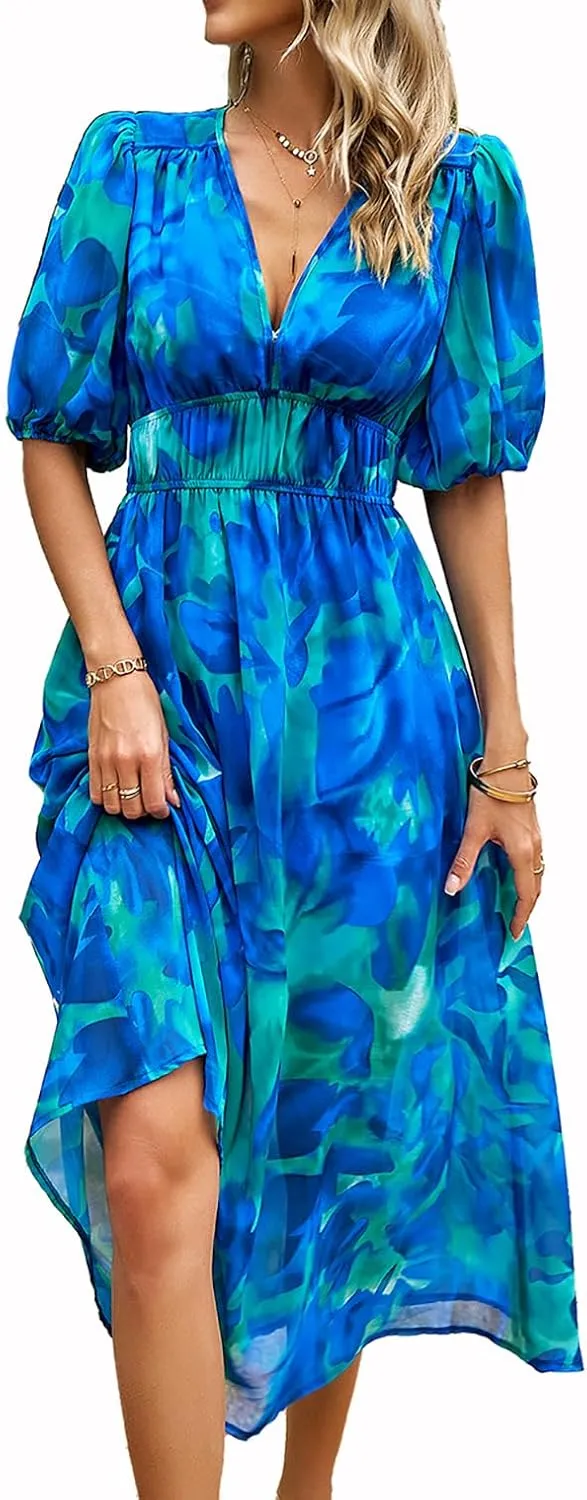 Womens Boho Floral V Neck Maxi Dress Summer Short Sleeve Elastic Waist Casual Flowy Long Dress