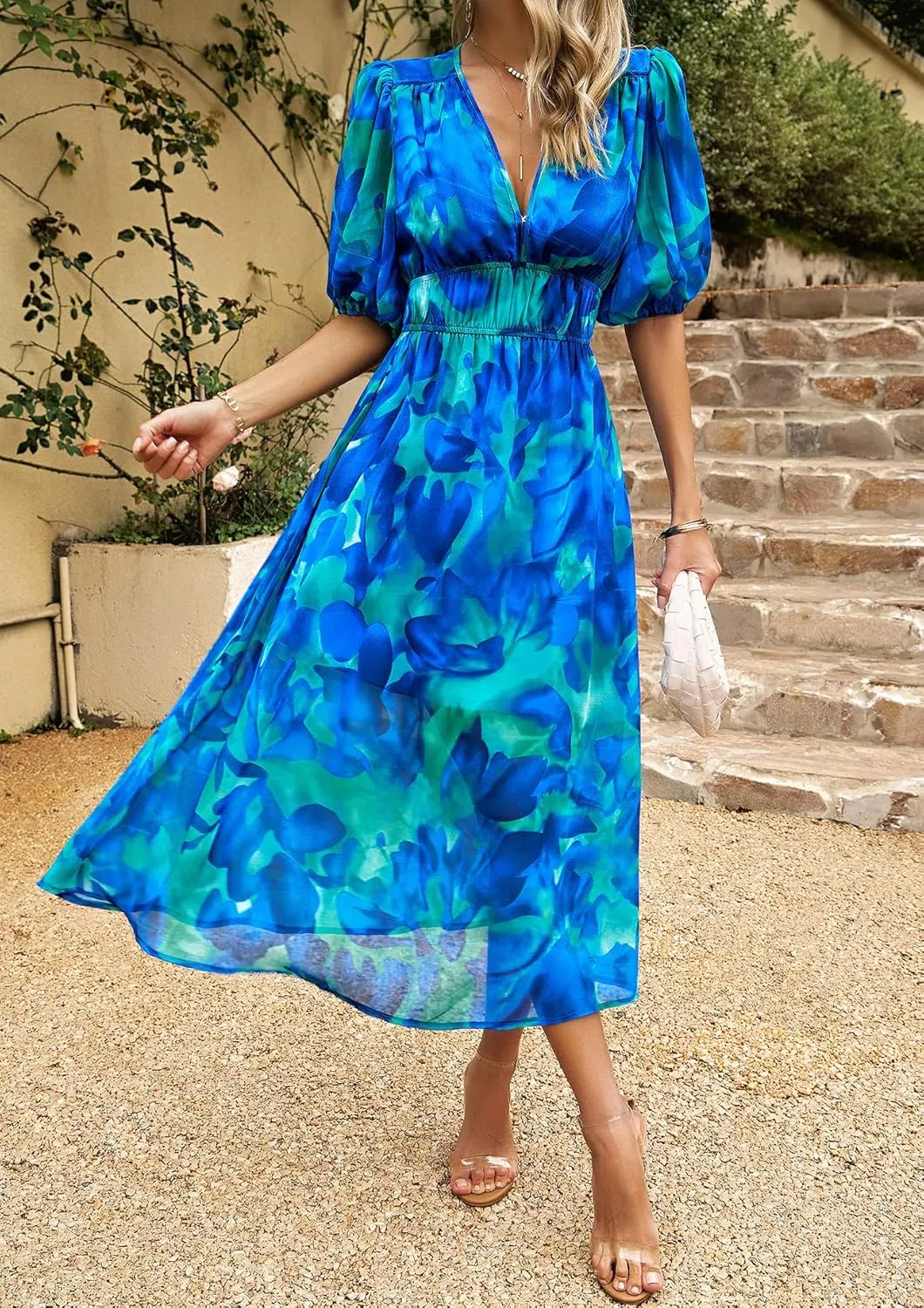 Womens Boho Floral V Neck Maxi Dress Summer Short Sleeve Elastic Waist Casual Flowy Long Dress