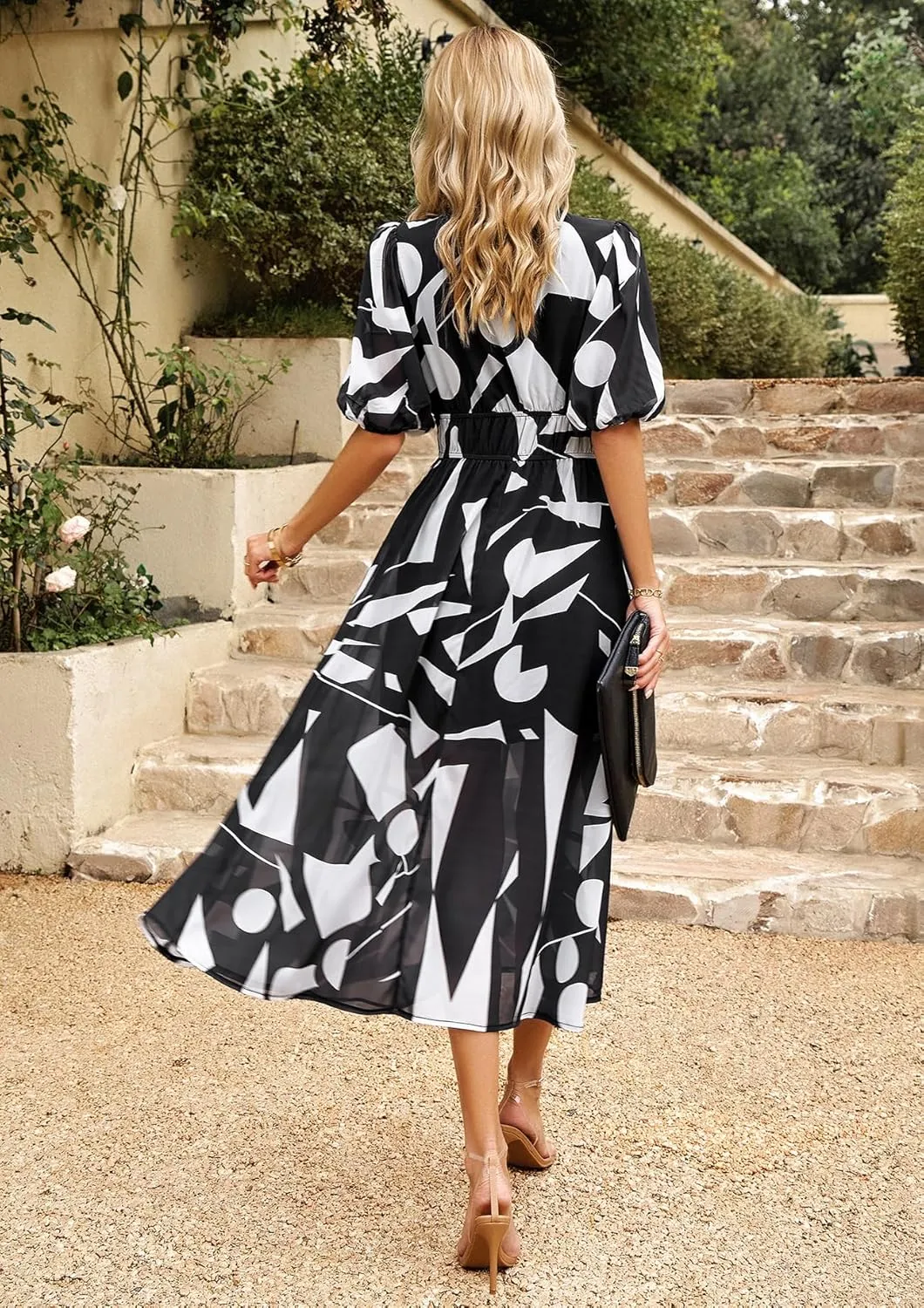 Womens Boho Floral V Neck Maxi Dress Summer Short Sleeve Elastic Waist Casual Flowy Long Dress