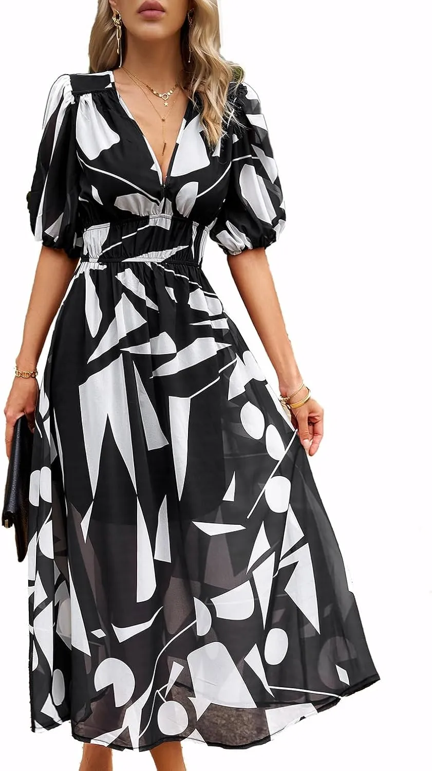 Womens Boho Floral V Neck Maxi Dress Summer Short Sleeve Elastic Waist Casual Flowy Long Dress