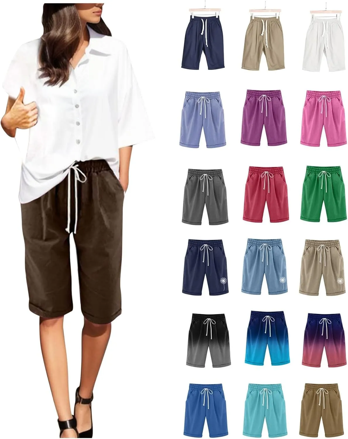 Women's Cargo Shorts Summer High Waisted Bermuda Shorts Casual Trendy Hiking Outfits Knee Length Pant with Pockets