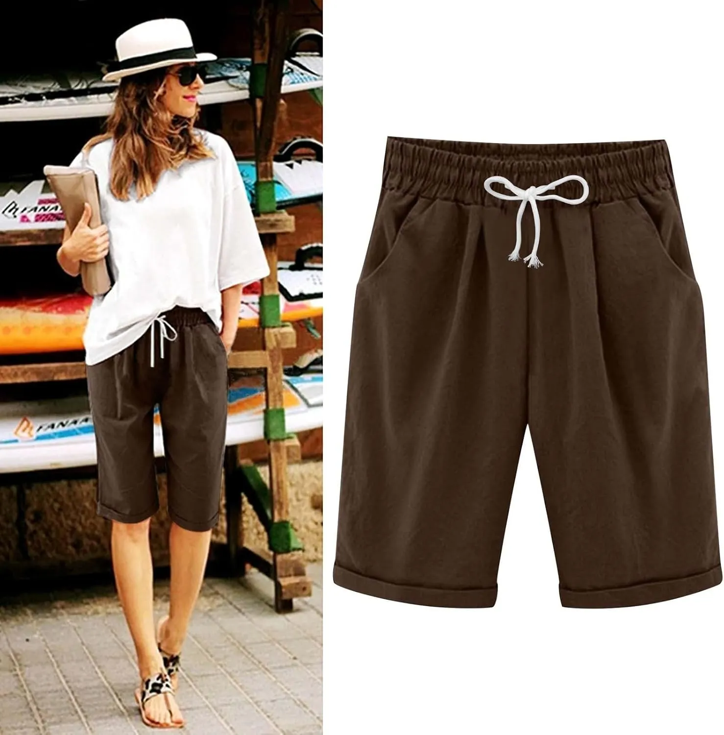 Women's Cargo Shorts Summer High Waisted Bermuda Shorts Casual Trendy Hiking Outfits Knee Length Pant with Pockets